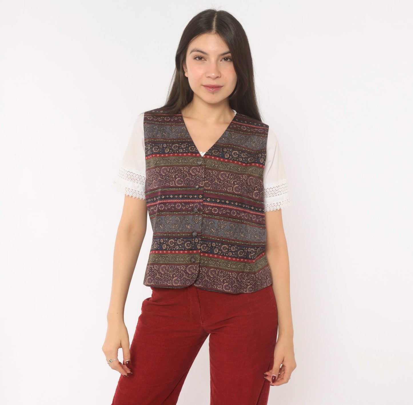 90s Talbots Paisley Silk Vest V-Neck Plum Navy Jacquard Medium M