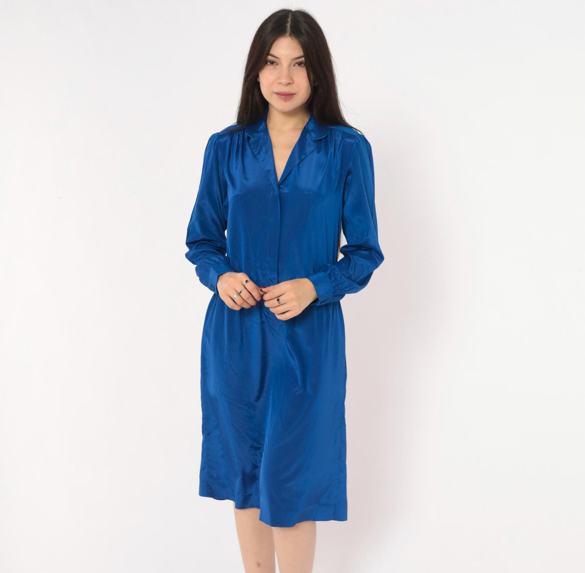 80s Cobalt Blue Satin Shirt Dress V Neck Gathered Waist Knee Length Medium M