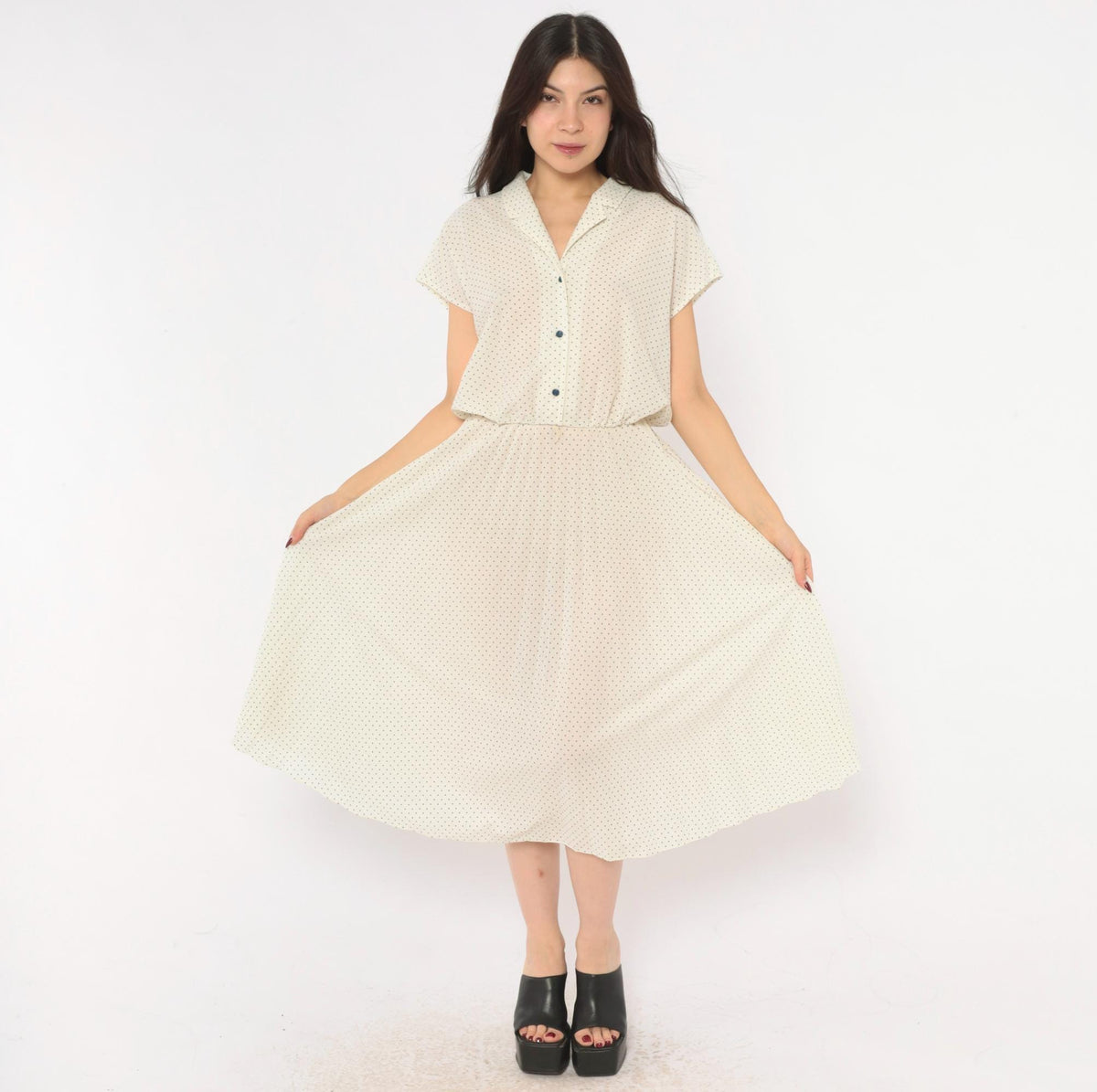 70s Promises Promises Polka Dot Dress Cream Navy Cap Sleeve Knee Length Small