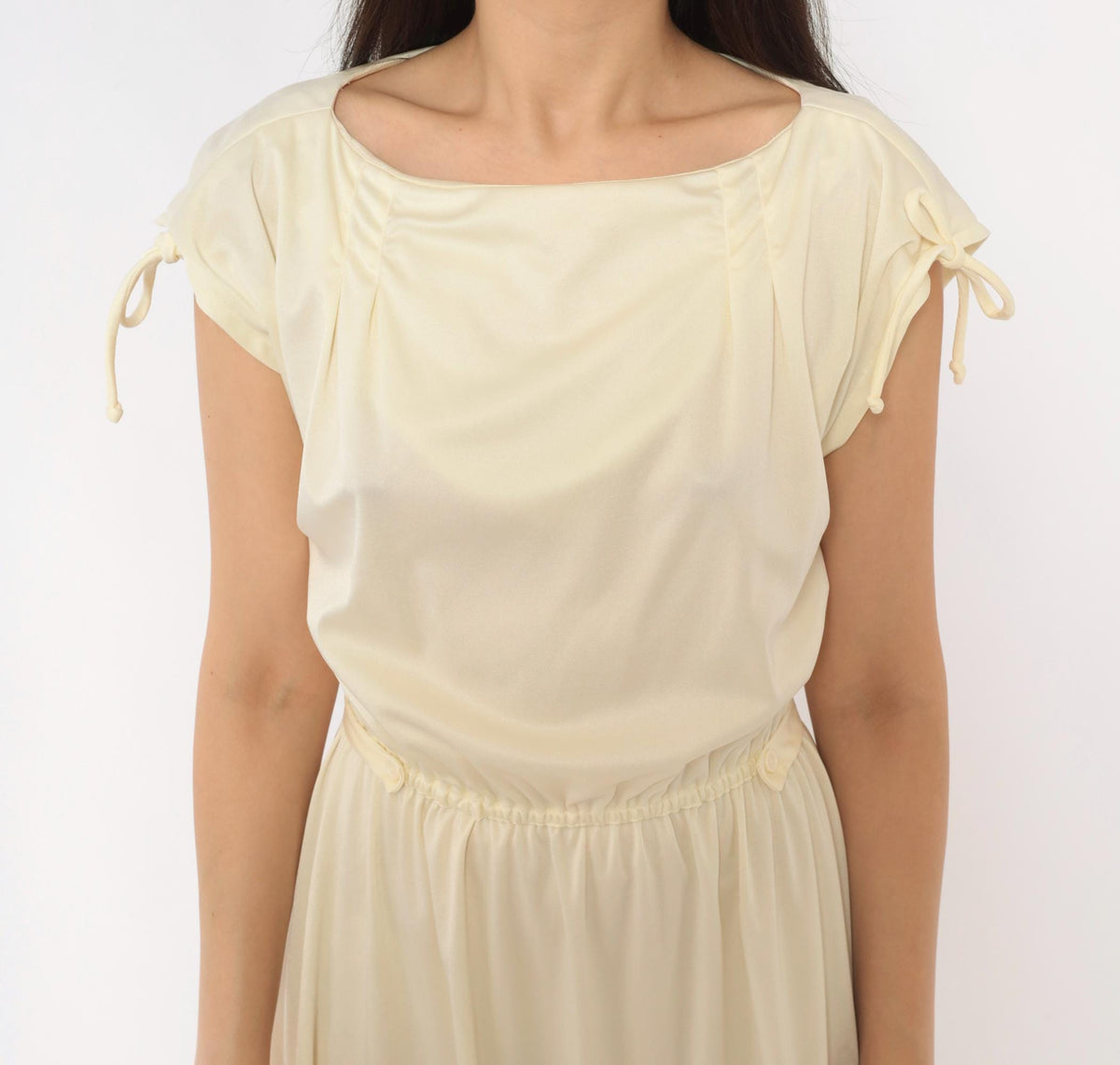 70s Cream Cap Sleeve Dress Ivory A-Line Midi Bow Detail Scoop Neck Small