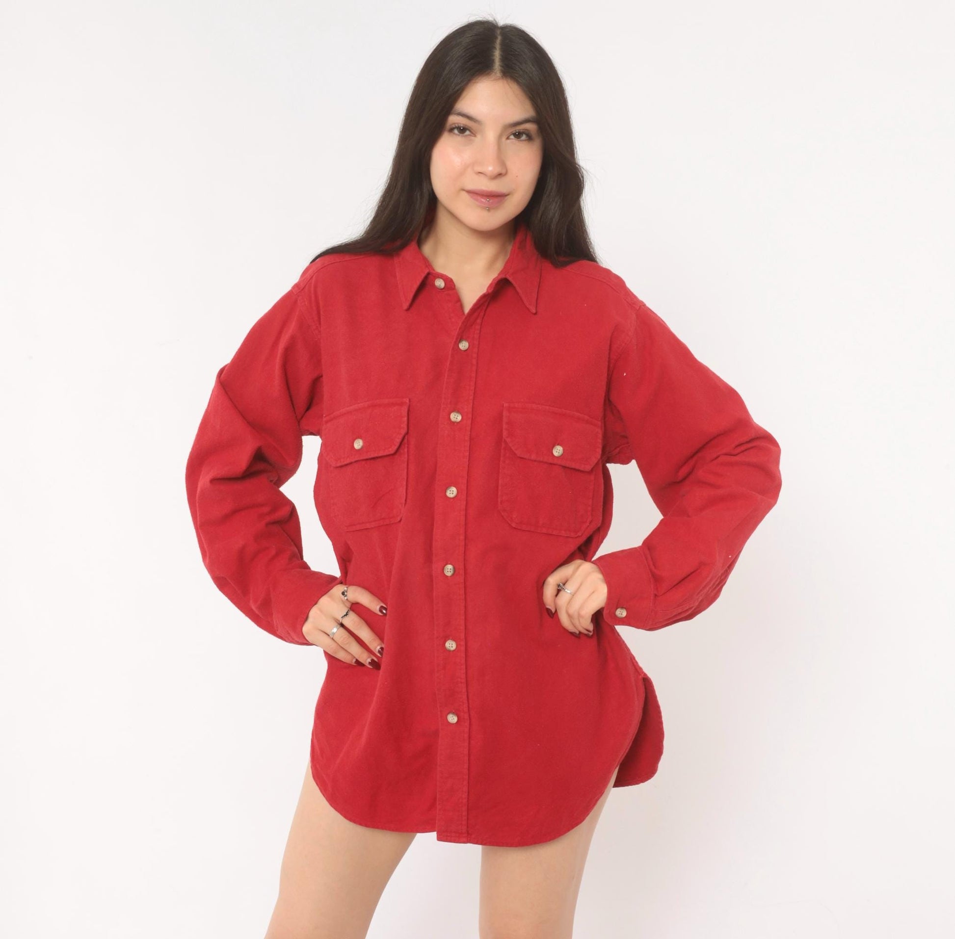 Woolrich 90s Red Cotton Flannel Button-Up Shirt Dual Chest Pocket Large L