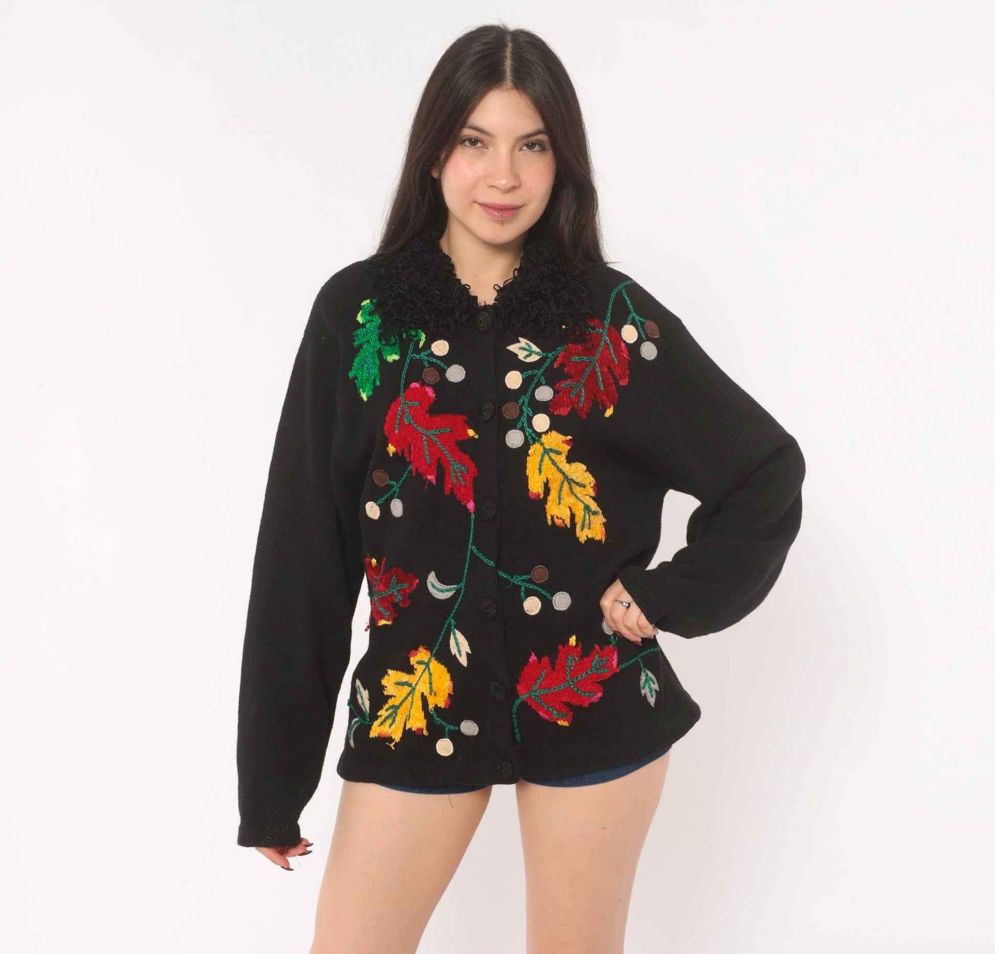 90s Victoria Harbour Black Cardigan Embroidered Autumn Leaves Large L