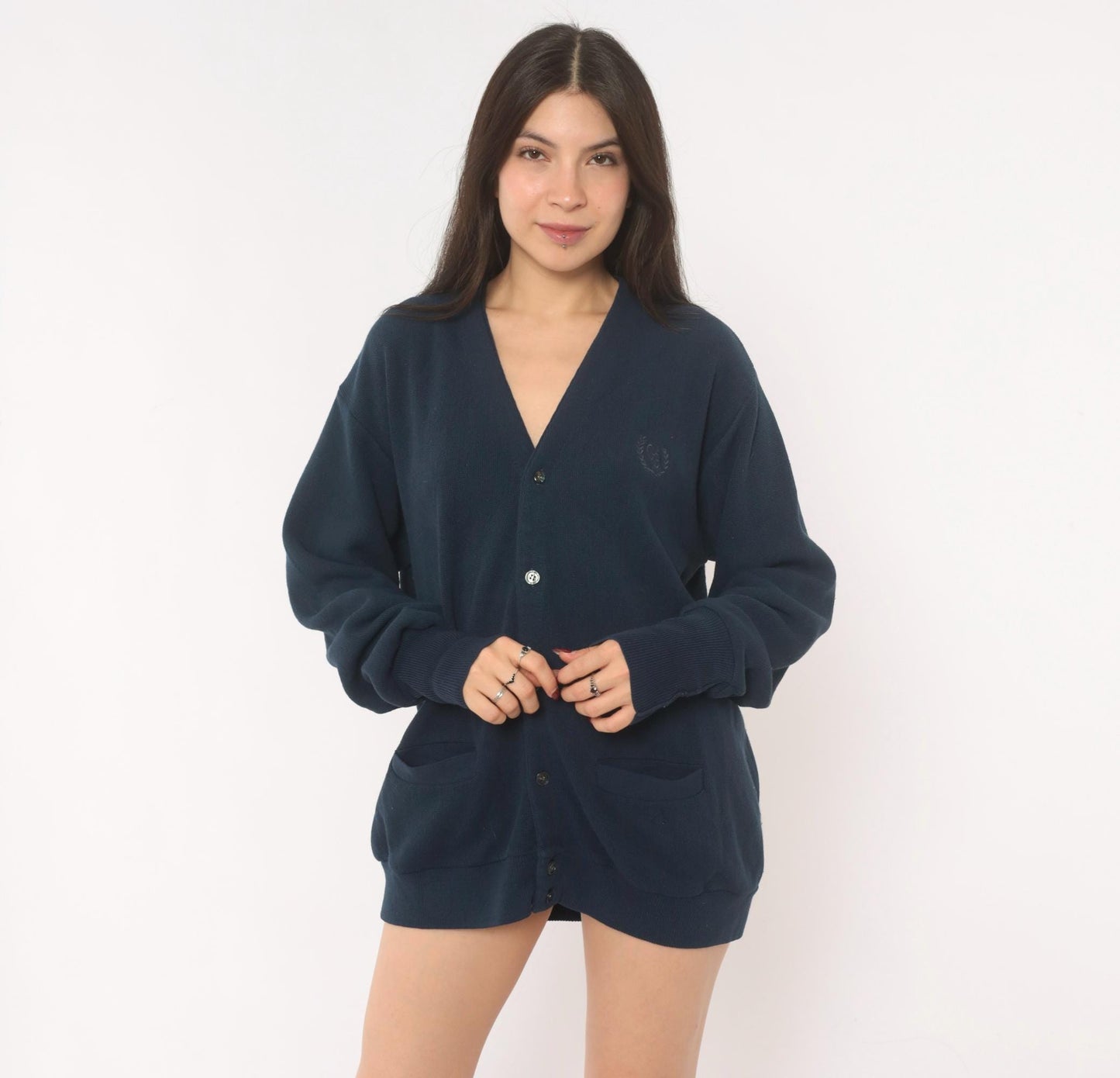 Geoffrey Beene Navy Cardigan V-Neck Button Front Knit Sweater Medium M
