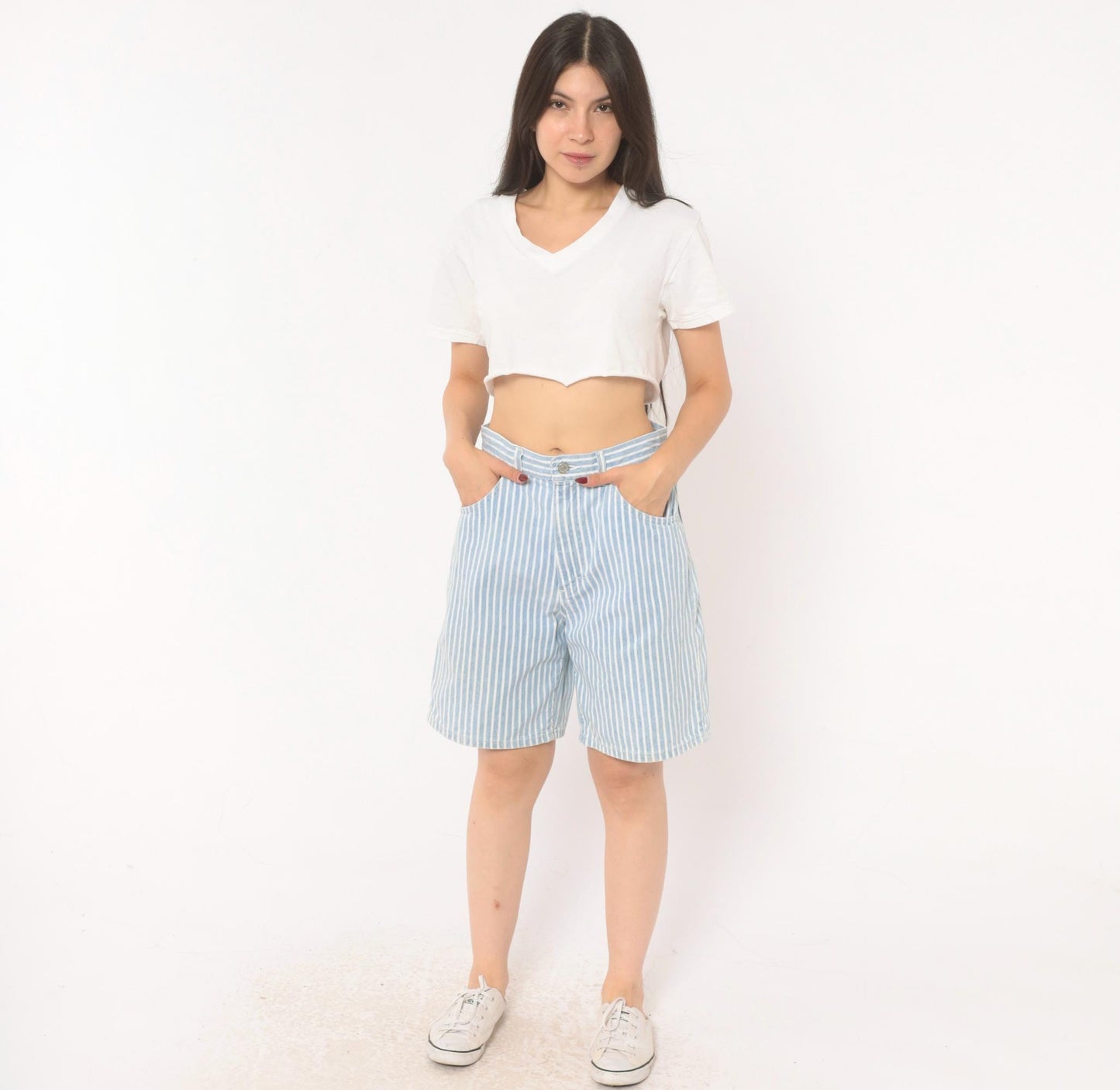 90s Lee High Waist Pinstriped Denim Shorts Blue White Bermuda Medium M