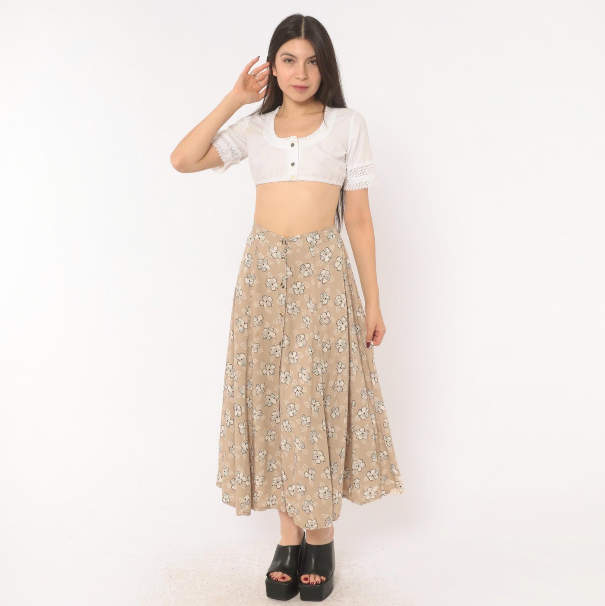 90s Tan Floral Maxi Skirt A-Line Button Front Elastic Waist Medium