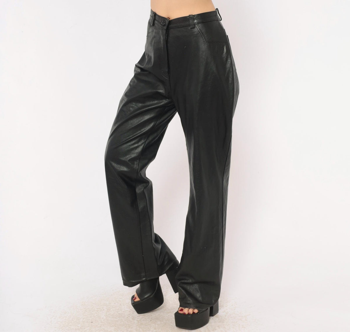 90s Black Leather Pants High Waist Straight Leg Moto Trousers Medium M