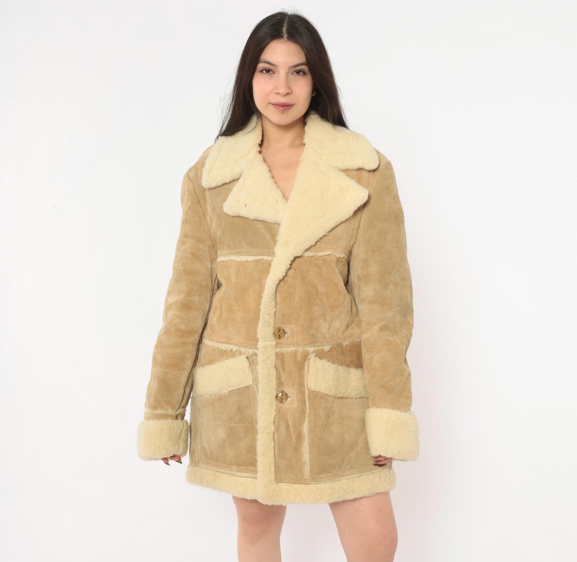 70s Tan Suede Shearling Jacket Wool Lined Cream Sherpa Collar Extra Large XL