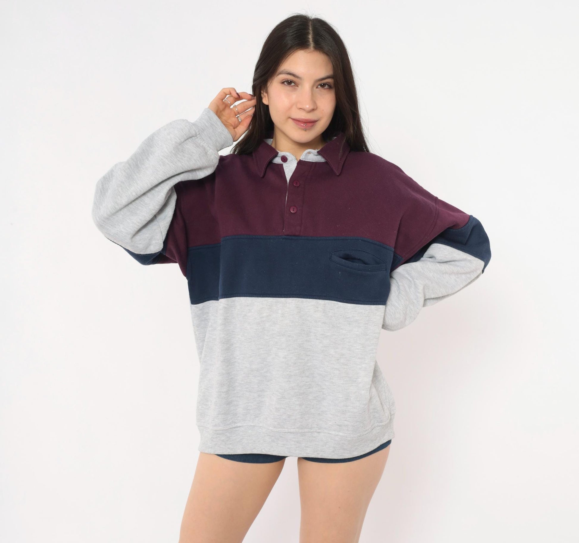 90s Greenline International Color Block Rugby Polo Burgundy Navy Medium