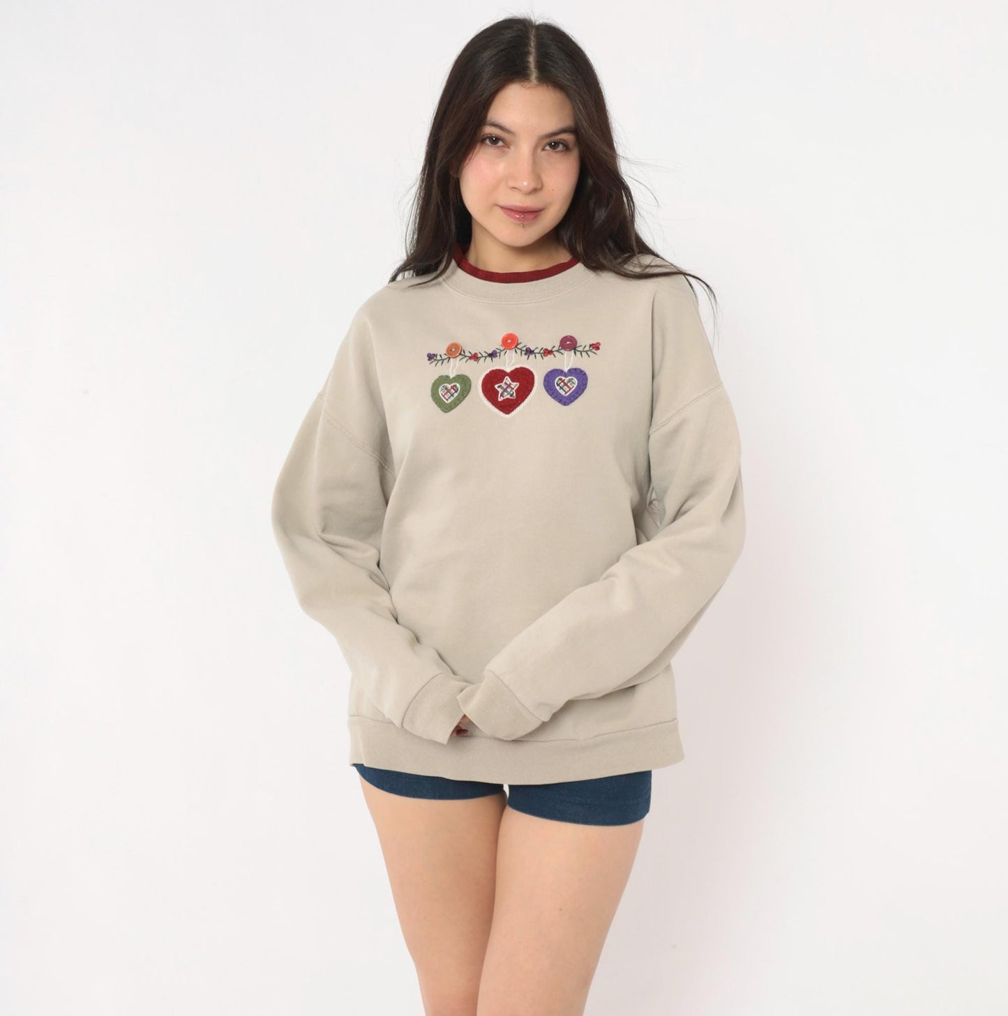 90s Taupe Crewneck Sweatshirt Heart Applique Folk Art Embroidered Medium M