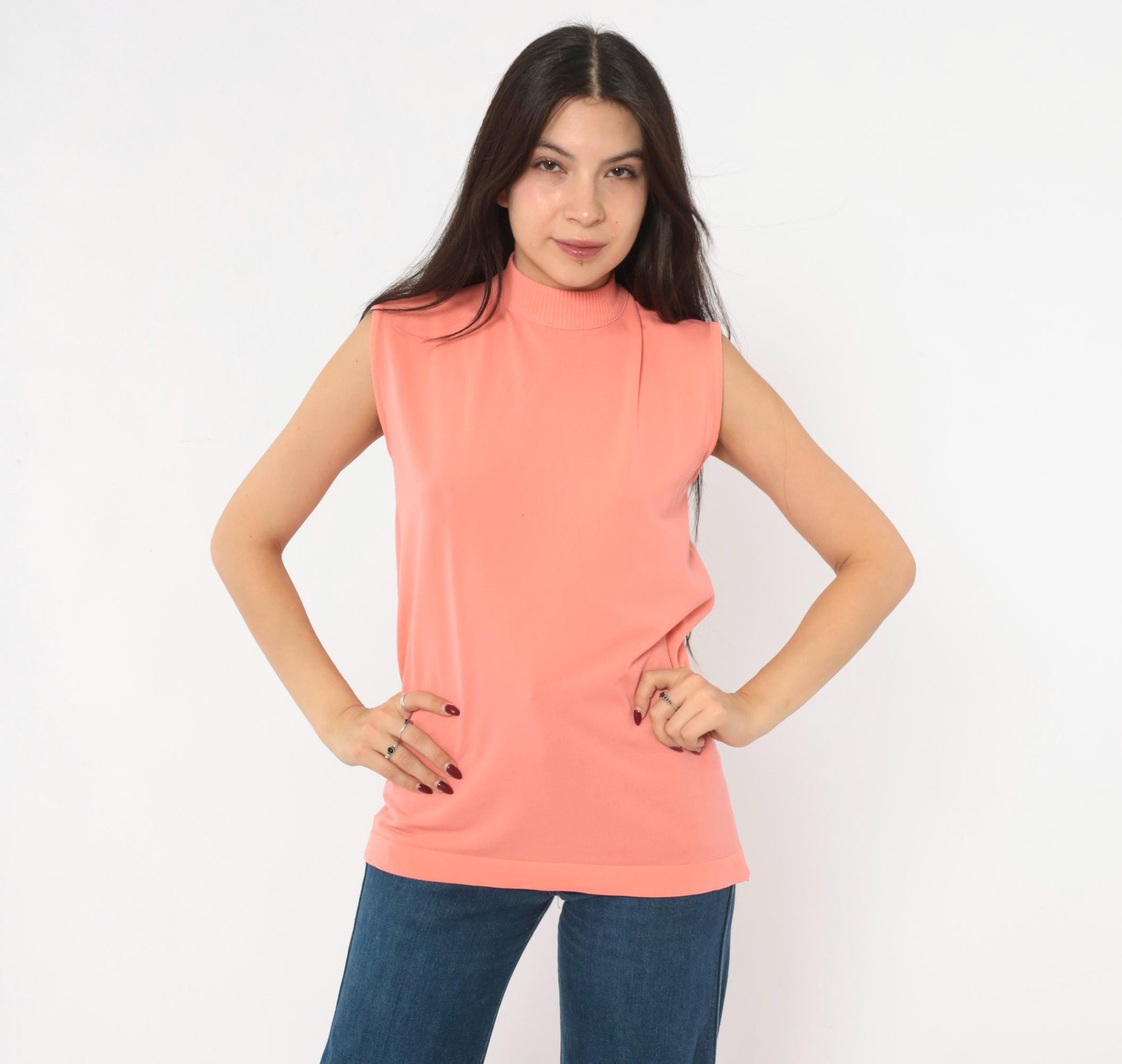 70s Booth Bay Coral Tank Top Mock Neck Sleeveless Blouse Large L