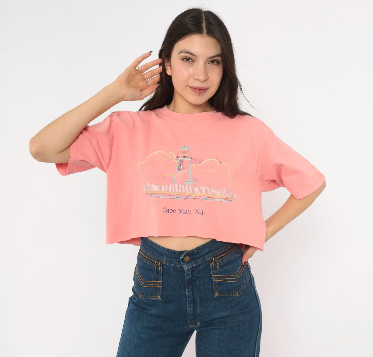 90s Anvil Lighthouse Cape May Crop Top Embroidered Cotton Pink Large L