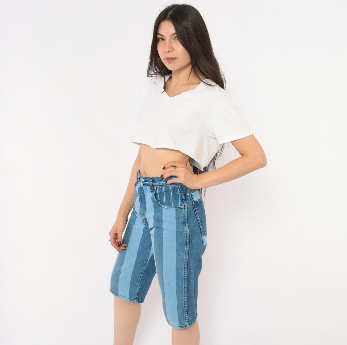 90s Exhaust Jeans Striped Denim Shorts Blue White Vertical Stripe High Waist Knee Length Small S