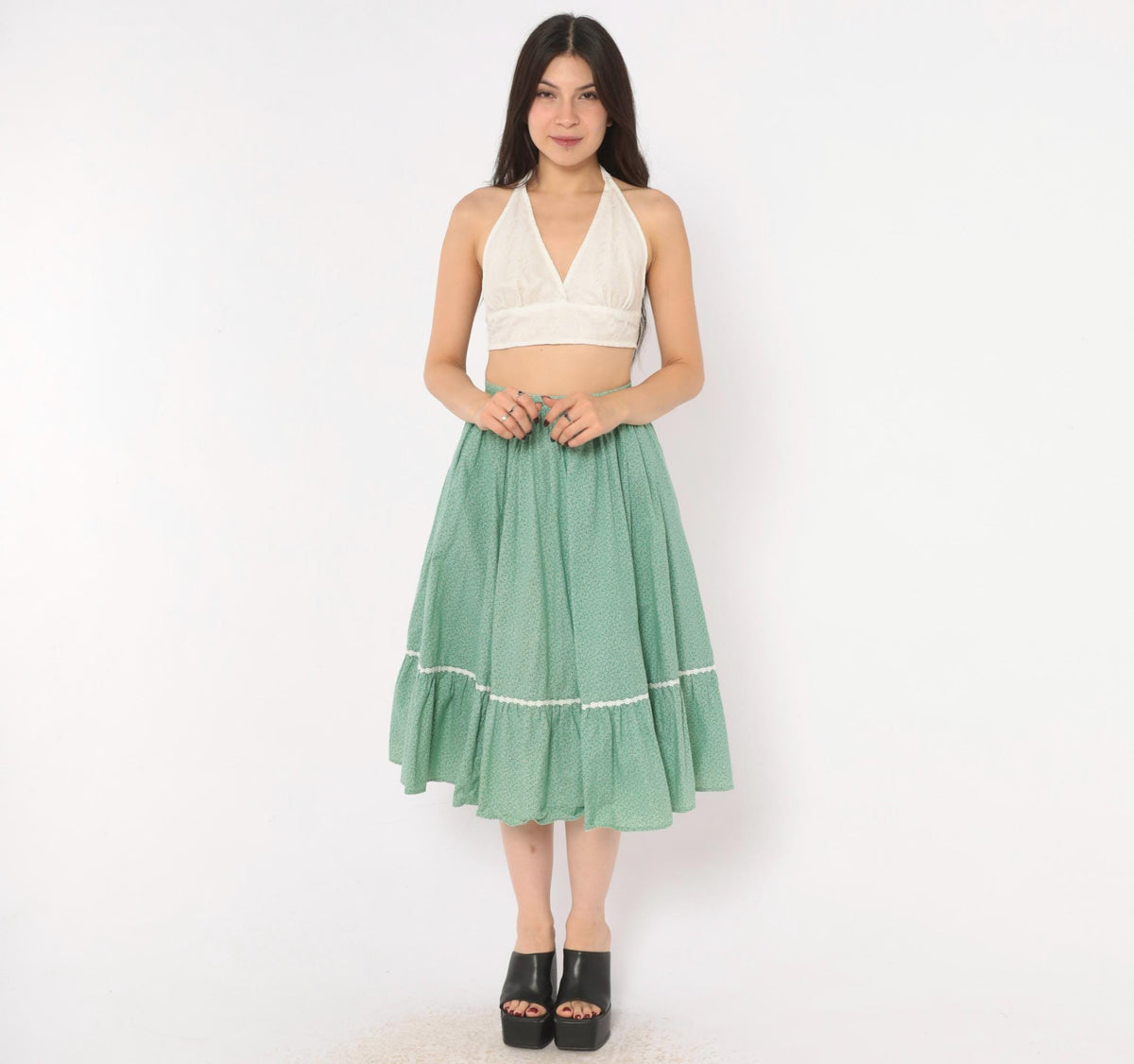80s Green Ditsy Floral Skirt Cotton Knee-Length Full Circle Gathered Pockets XS