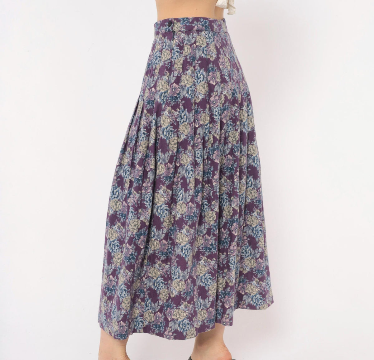 80s Laura Ashley Purple Floral Pleated Skirt High Waist Cotton Wool Small