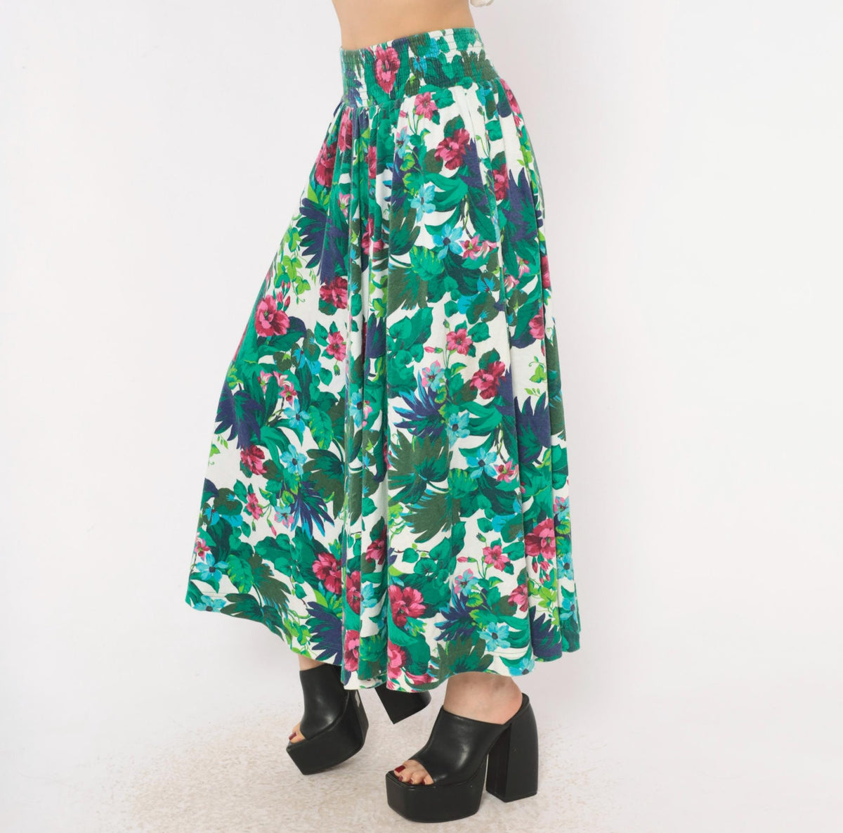 90s Dennis Goldsmith Tropical Floral Skirt Green Teal Pink Cotton Blend XS