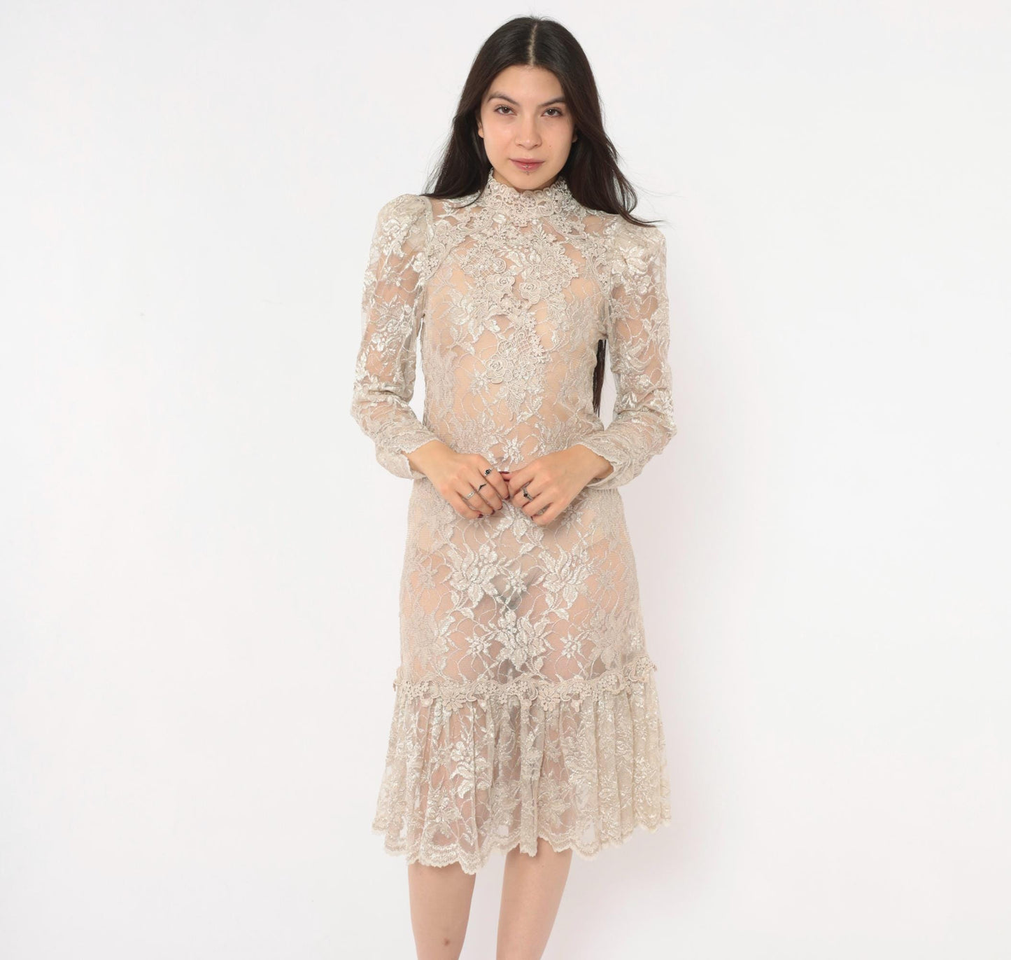 90s Cream Floral Lace Dress Pearl Button Back Puff Sleeve Small