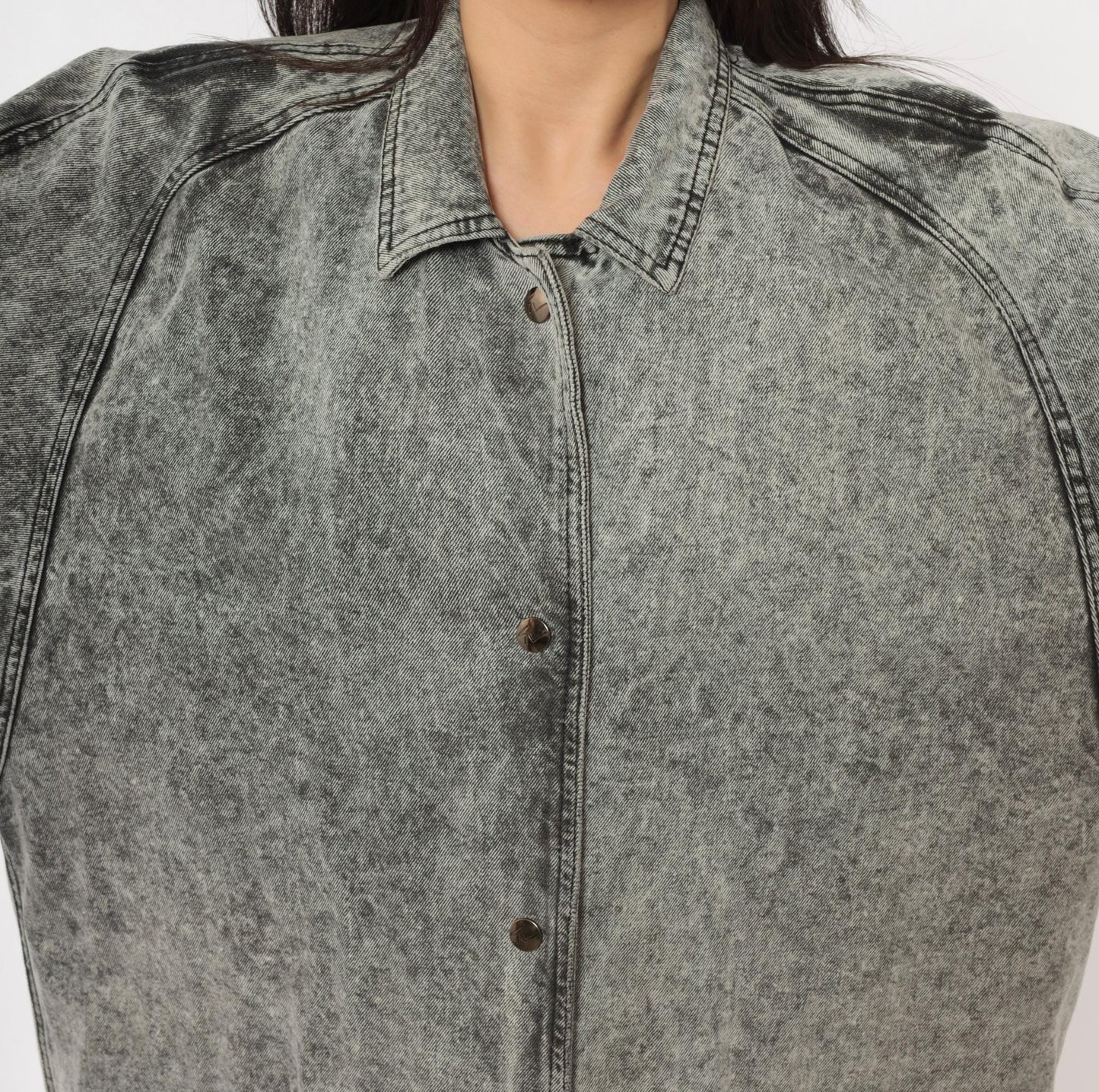 90s Acid Wash Denim Duster Grey Snap Front Maxi Jacket Cotton Medium M