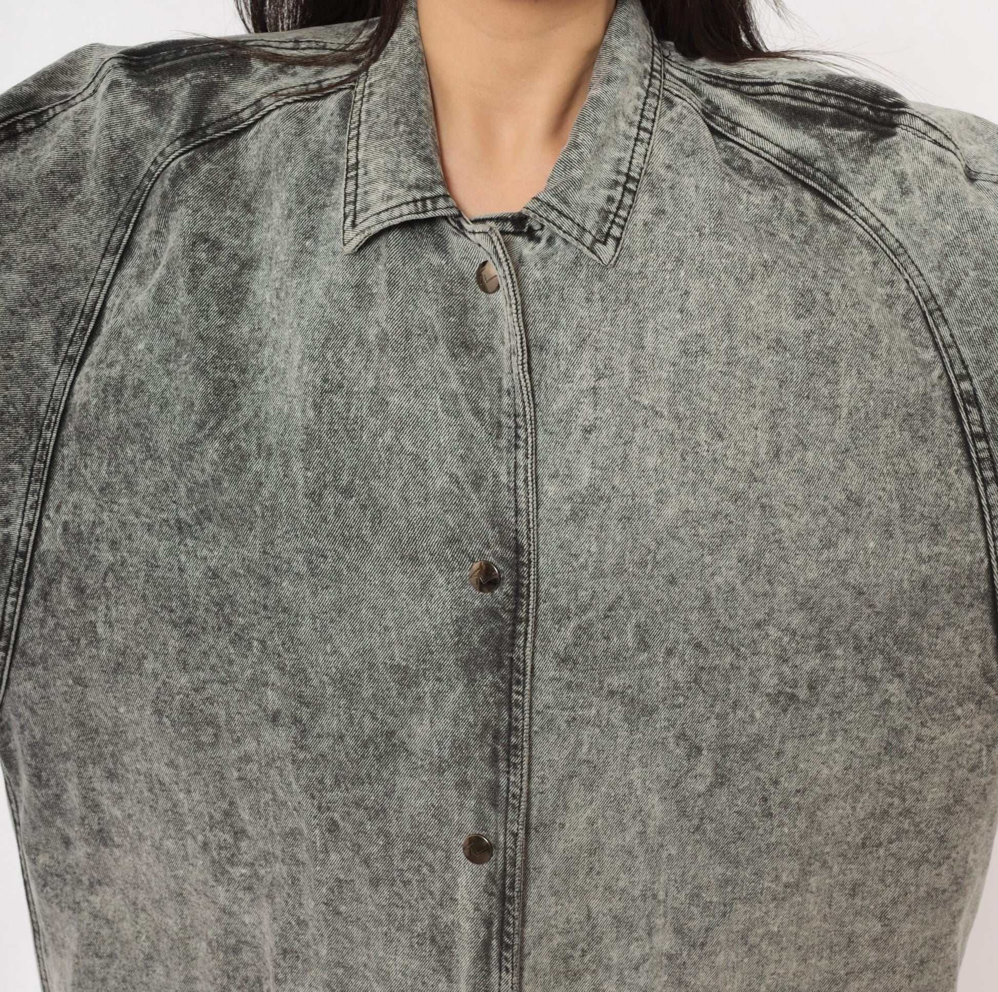 90s Acid Wash Denim Duster Grey Snap Front Maxi Jacket Cotton Medium M