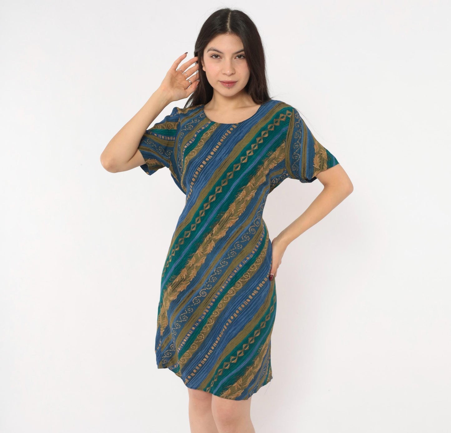 90s Tribal Geometric Sundress Blue Teal Gold Diagonal Stripe A-Line Medium M