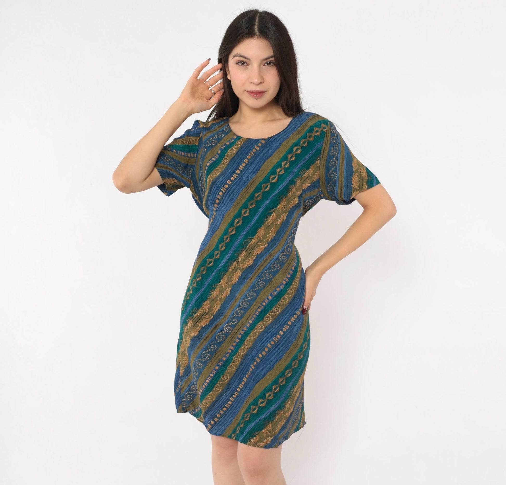 90s Tribal Geometric Sundress Blue Teal Gold Diagonal Stripe A-Line Medium M