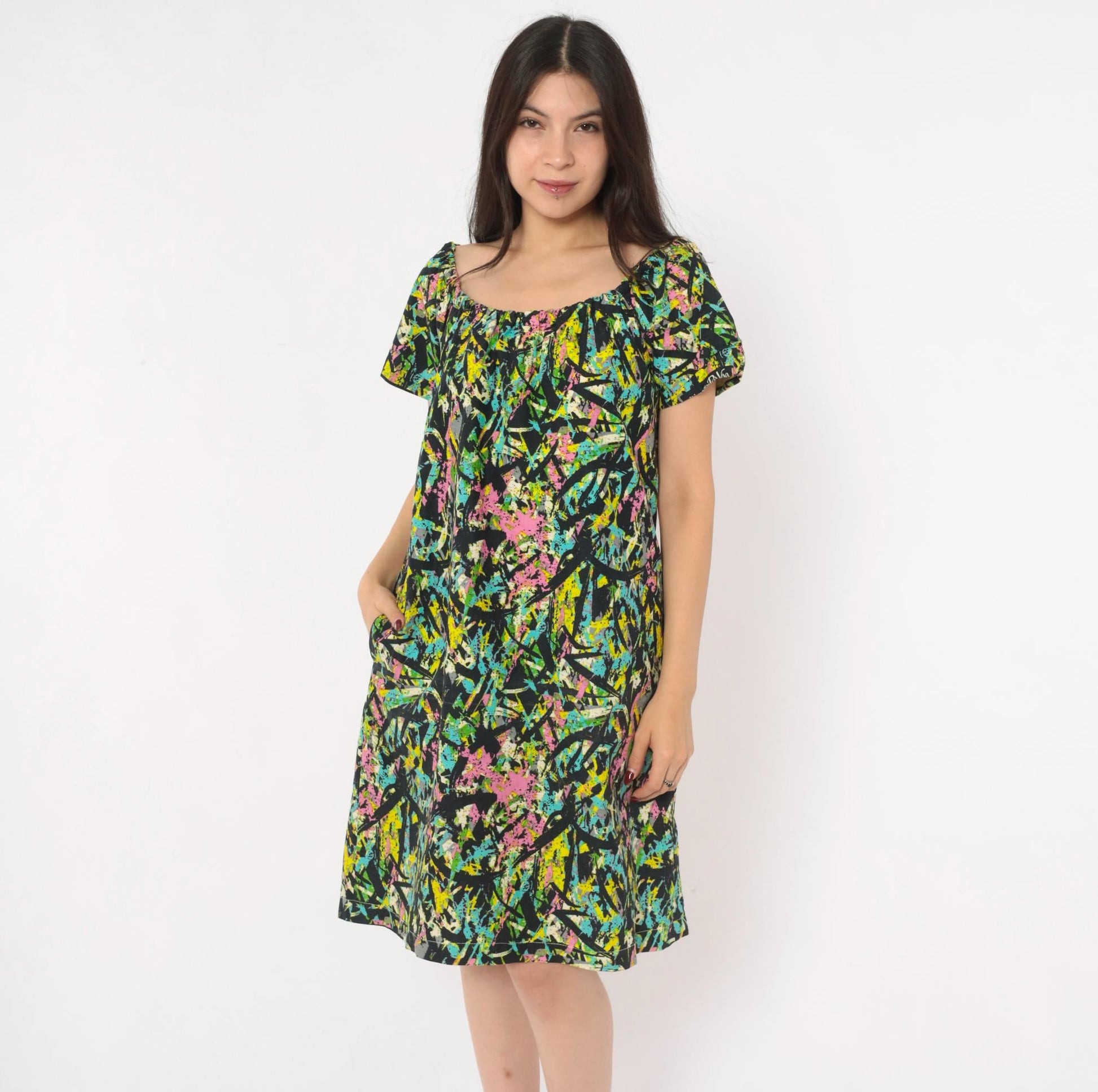 70s Splatter Paint Shift Dress Abstract Print Cotton A-Line Medium