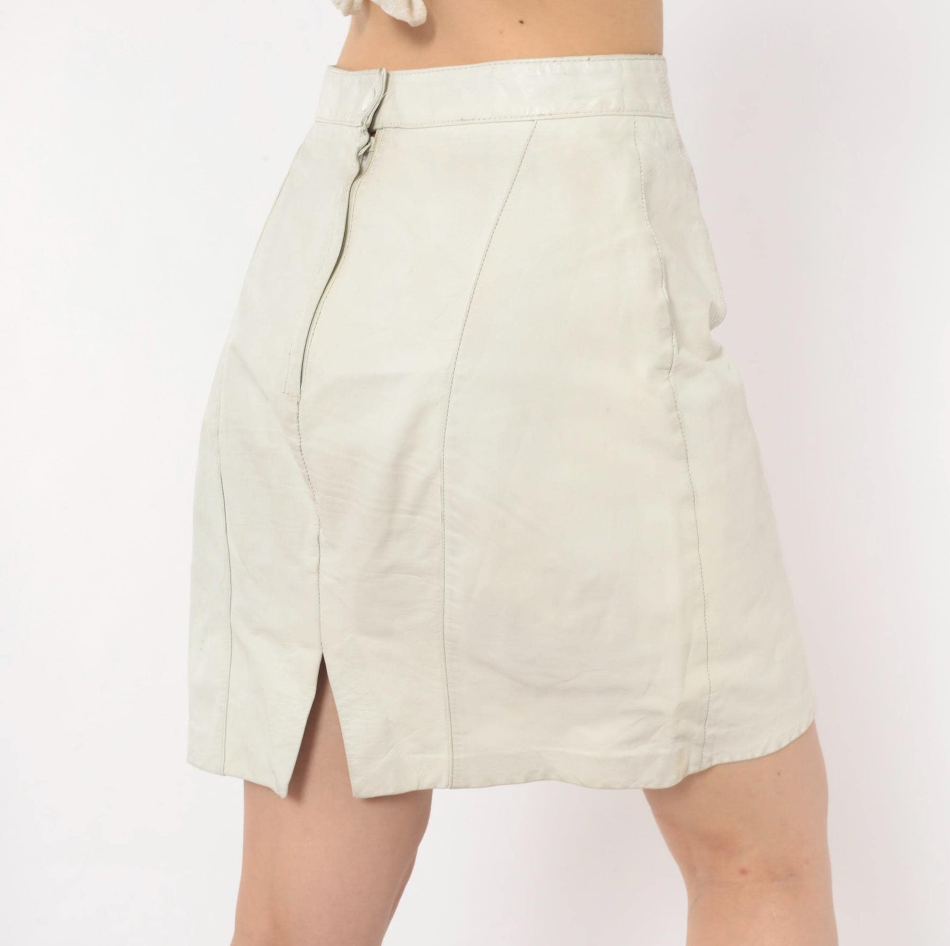 80s Ivory Leather Mini Skirt A-Line High Waist Paneled Seam Detail Small S