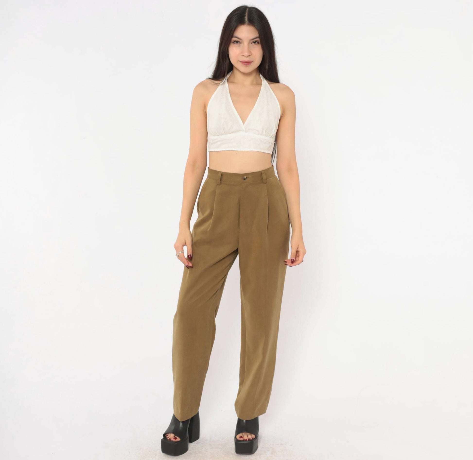90s Pleated High-Waist Trousers Olive Tapered Leg Front Pleat Extra Small XS