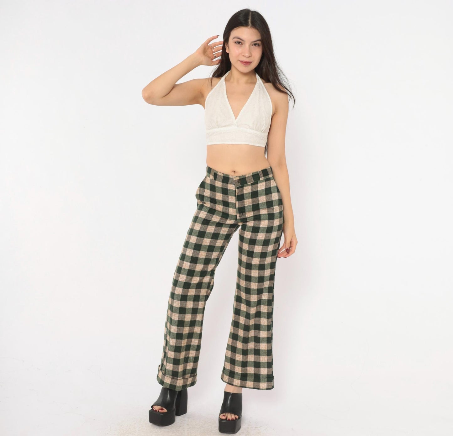 70s Tale Lord Green Tan Buffalo Check Flare Pants High Waist Extra Small XS