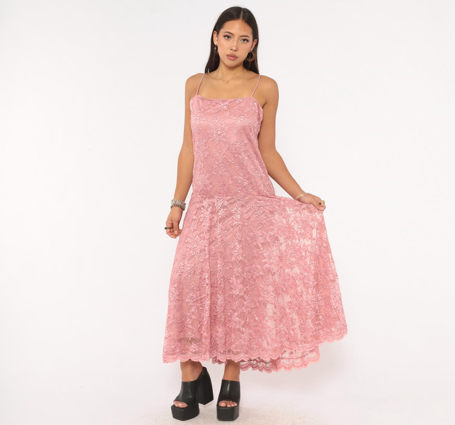 80s Pat Richards Pink Lace Maxi Dress Floral Embroidered Drop Waist Medium