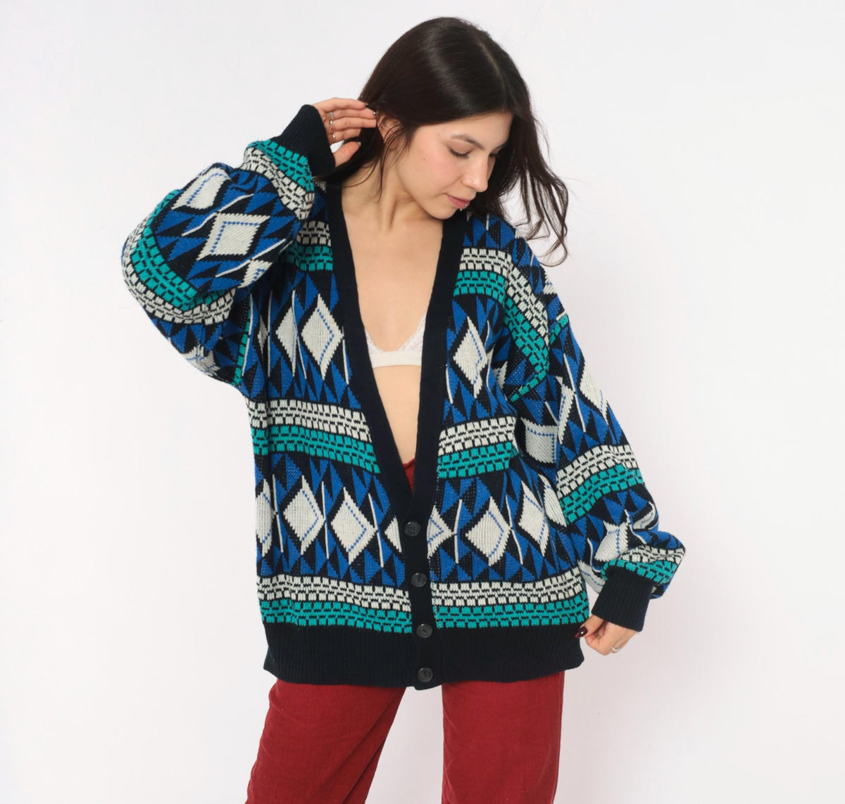 90s Sun Set High Way Geometric Knit Cardigan Navy Teal Diamond Fair Isle Large L