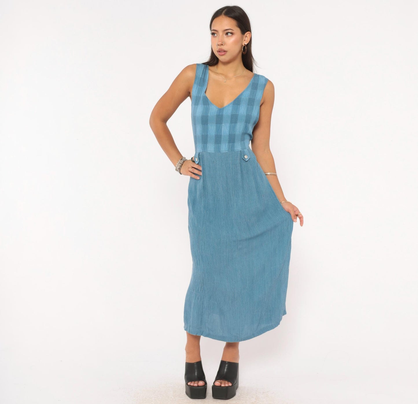 90s Whirlaway Frocks Blue Gingham Midi Dress Tie Back V Neck Large L