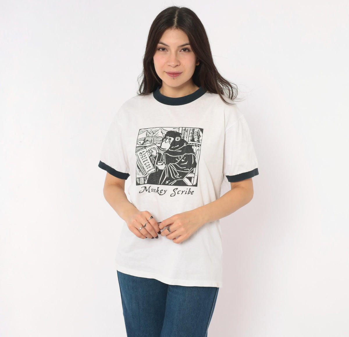 90s Anvil Monkey Scribe Ringer Tee Woodcut Print White Black Small