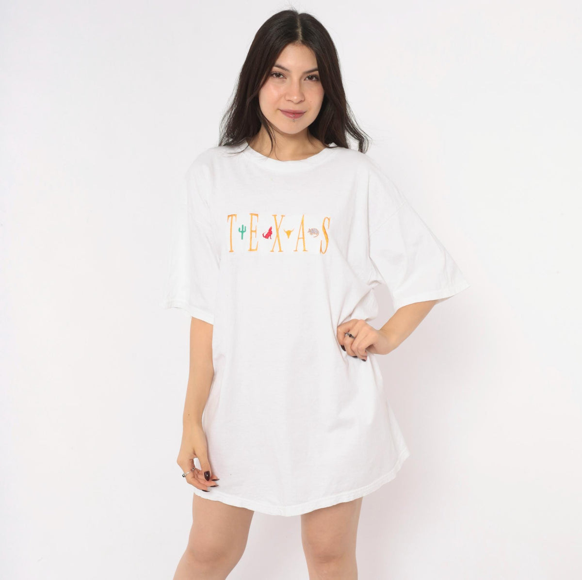 90s Tultex Texas Embroidered Tee White Cotton Cactus Longhorn Armadillo Coyote Extra Large XL