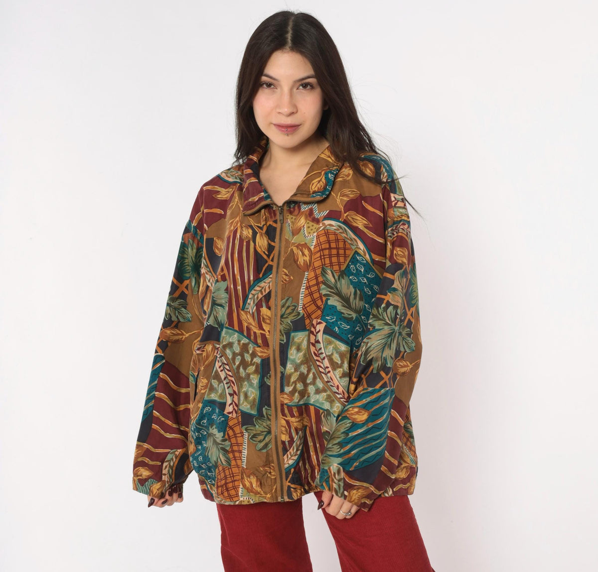 90s EVR Silk Bomber Jacket Tan Patchwork Leaf Print Unisex Large L