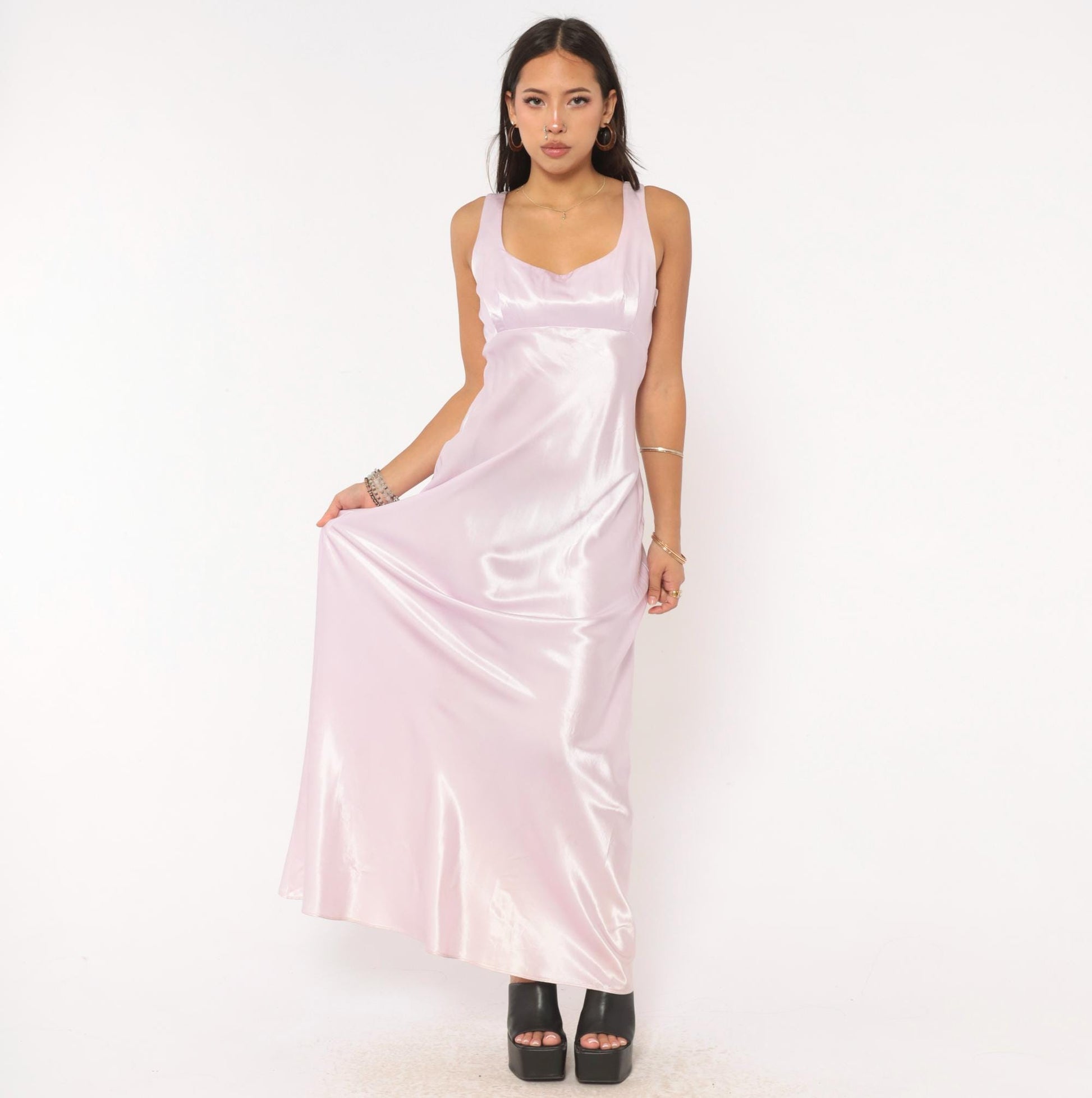 90s Niki Originals Lilac Satin Maxi Gown Sweetheart Neckline Lace-Up Back Medium M