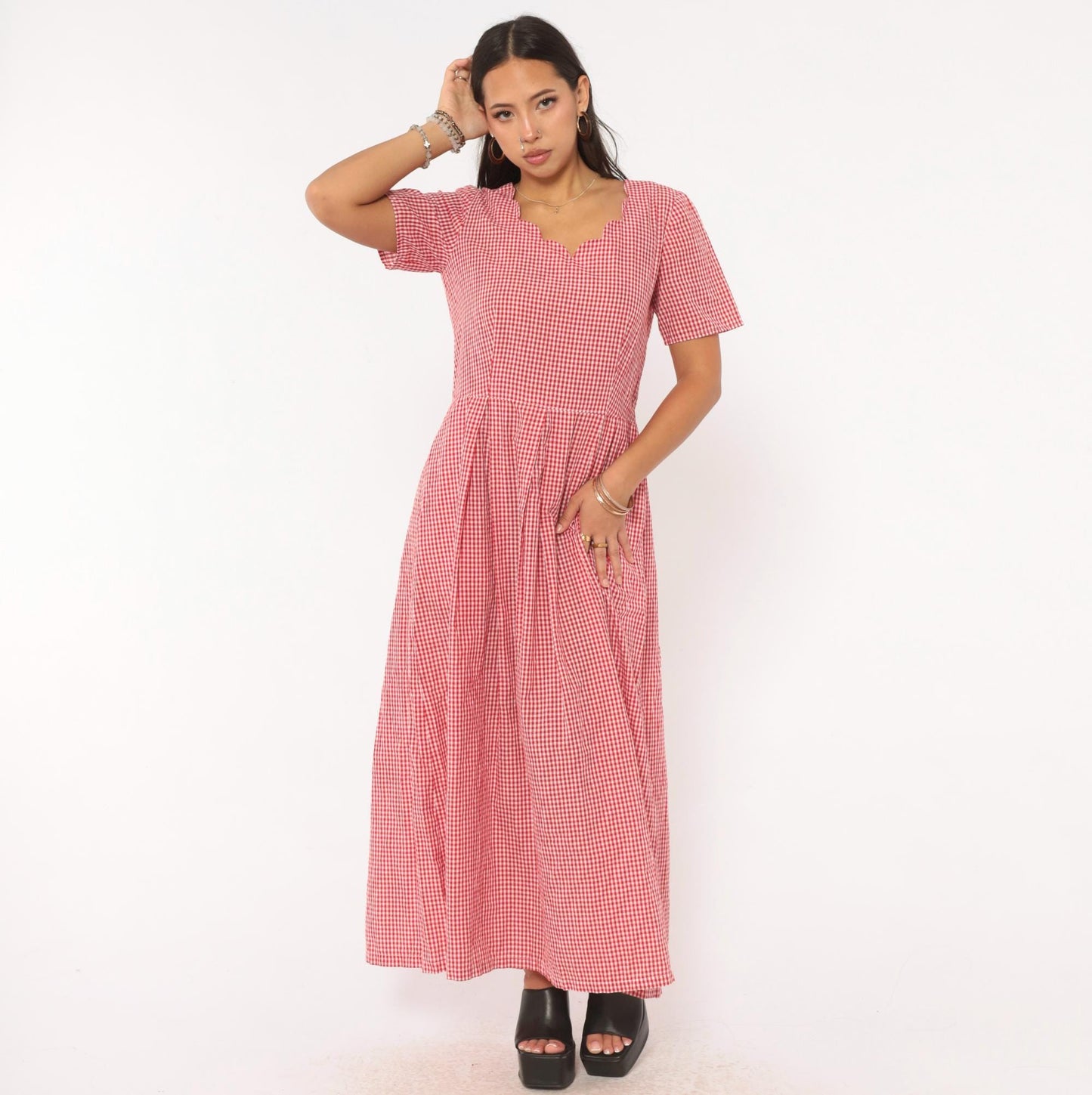 90s Red White Gingham Maxi Dress Sweetheart Neckline Pleated Cotton Large L