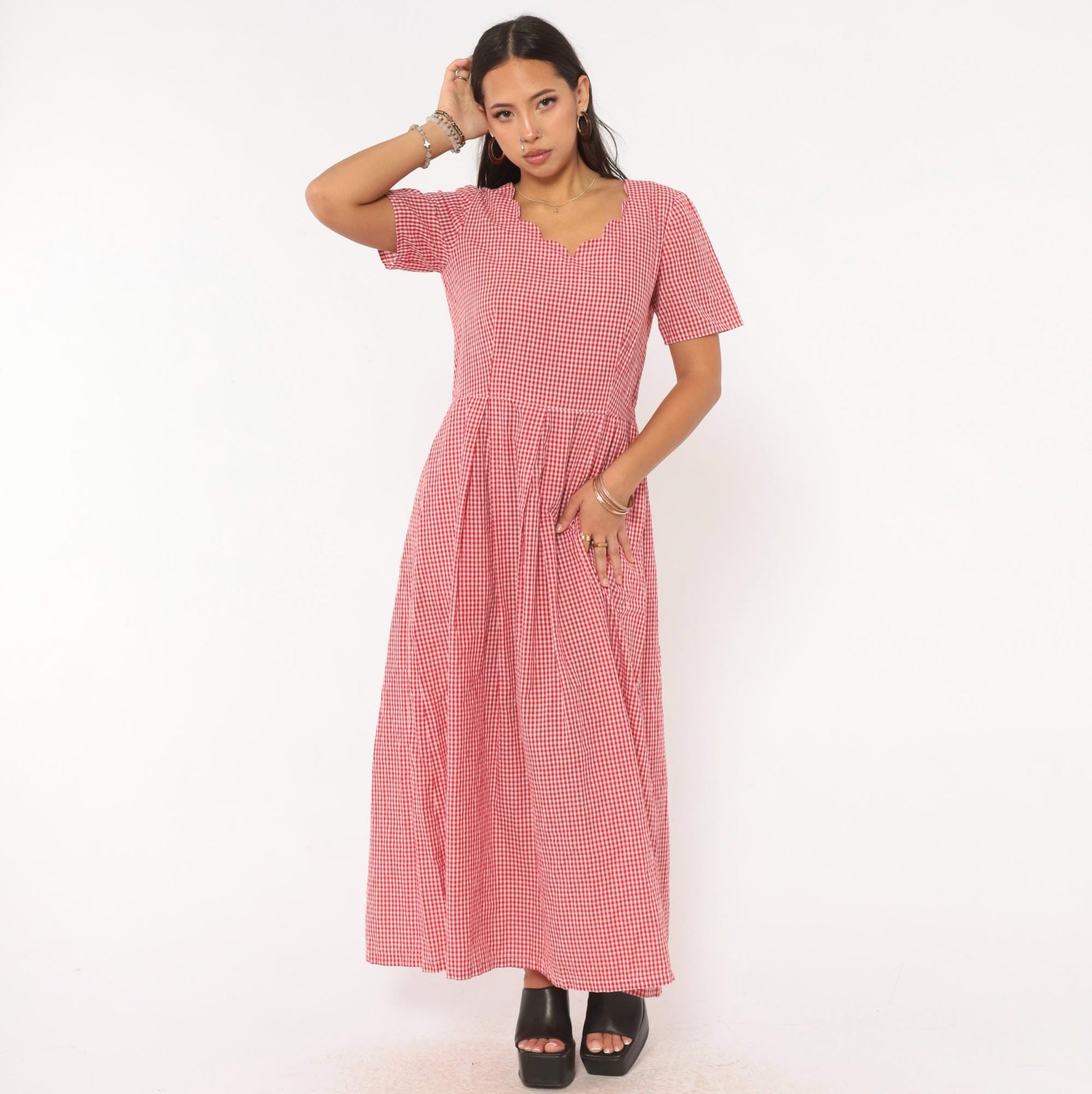 90s Red White Gingham Maxi Dress Sweetheart Neckline Pleated Cotton Large L