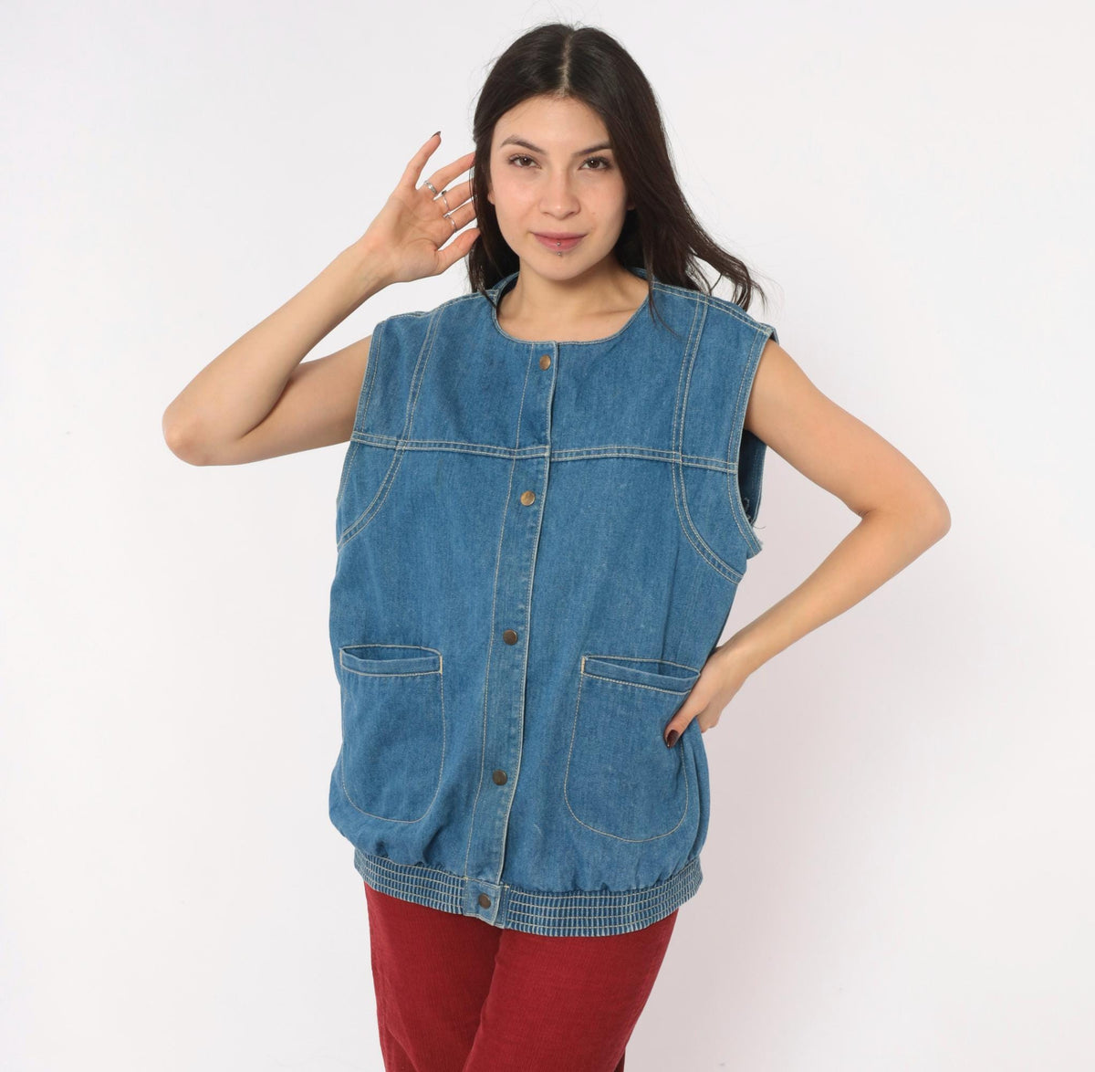 90s Juleigh Jean Denim Vest Blue Snap Button Sleeveless Large L