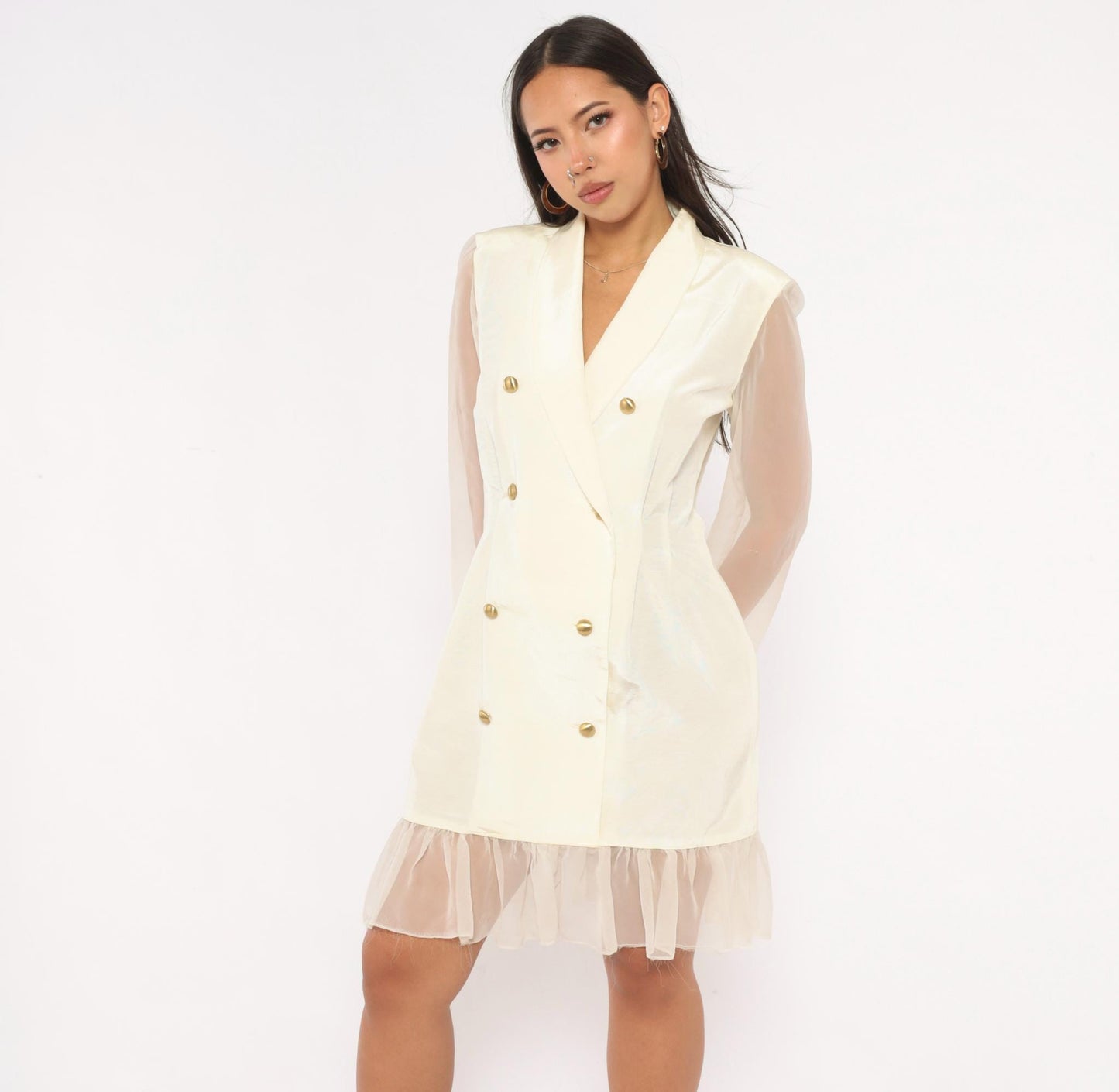 90s Cream Double Breasted Blazer Dress Gold Buttons Sheer Organza Mini Large L