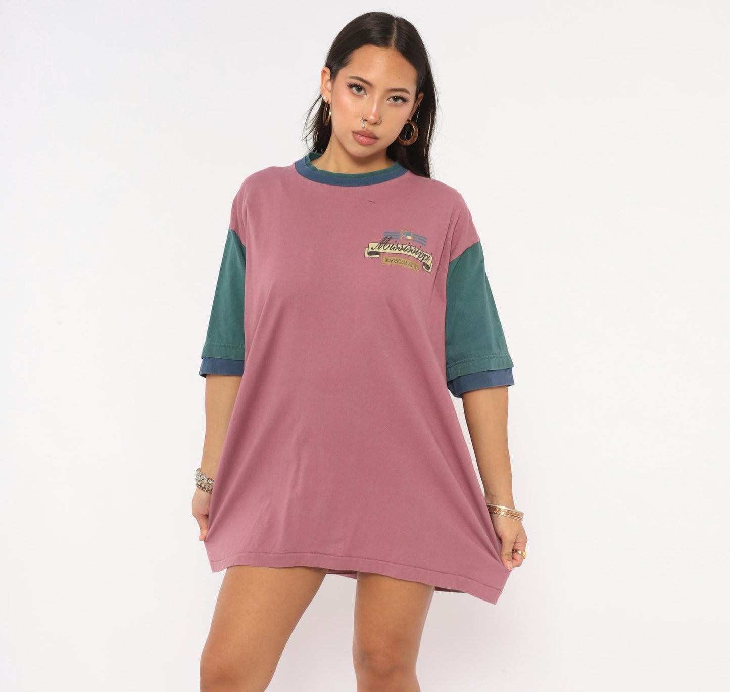 90s Mississippi Magnolia State Color Block Tee Mauve Teal Cotton Extra Large