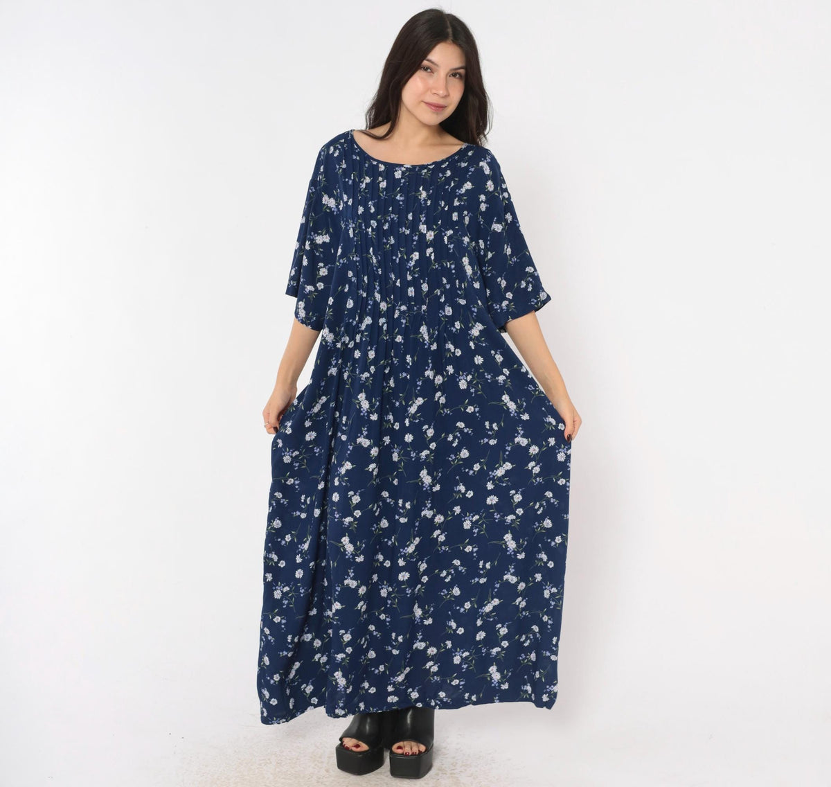 90s Navy Floral Rayon Dress Pintuck Daisy Print Tie Back Ankle Maxi Plus Size 3X
