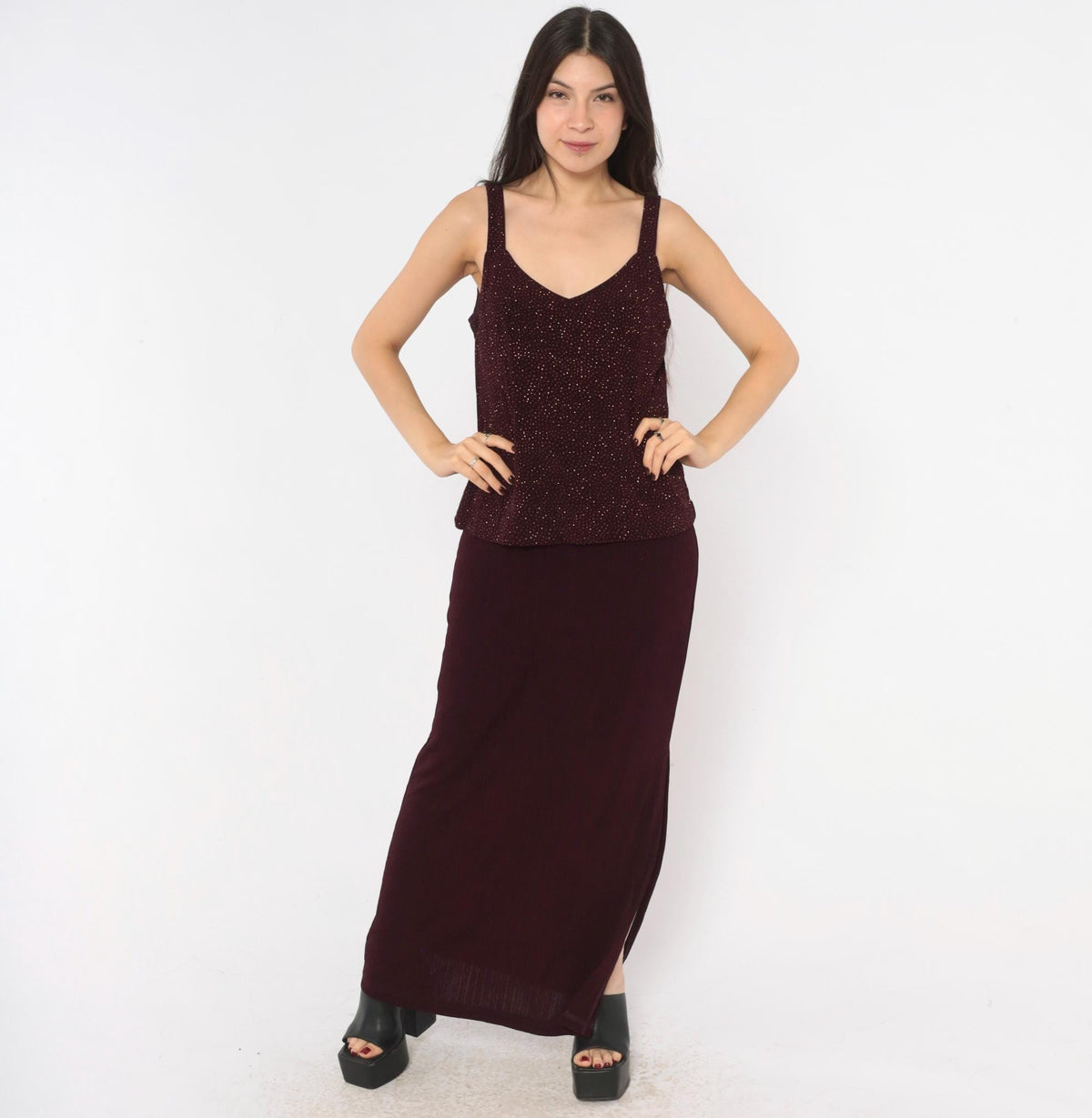 90s R&M Richards Burgundy Glitter Maxi Dress V-Neck Sleeveless Medium