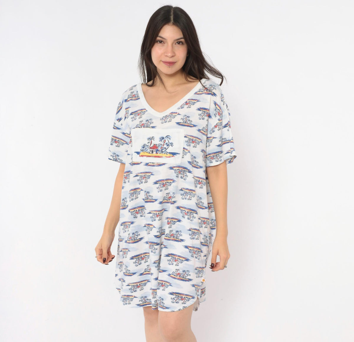 90s Down Under Tropical Palm Tree T-Shirt Dress White Blue Cotton One Size