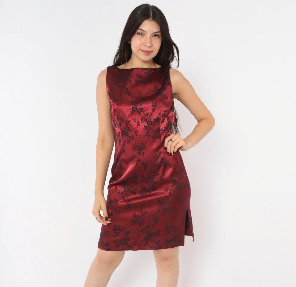 90s Esprit Wine Red Floral Jacquard Sheath Dress Sleeveless Small S
