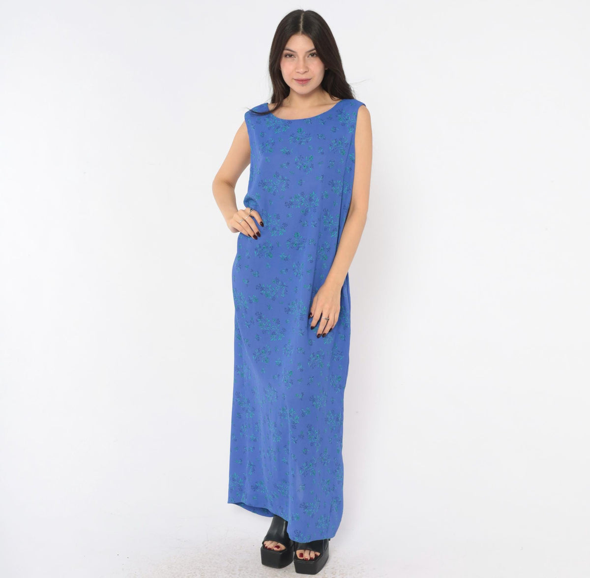 90s Leslie Fay Blue Floral Maxi Dress Sleeveless Scoop Neck Large L