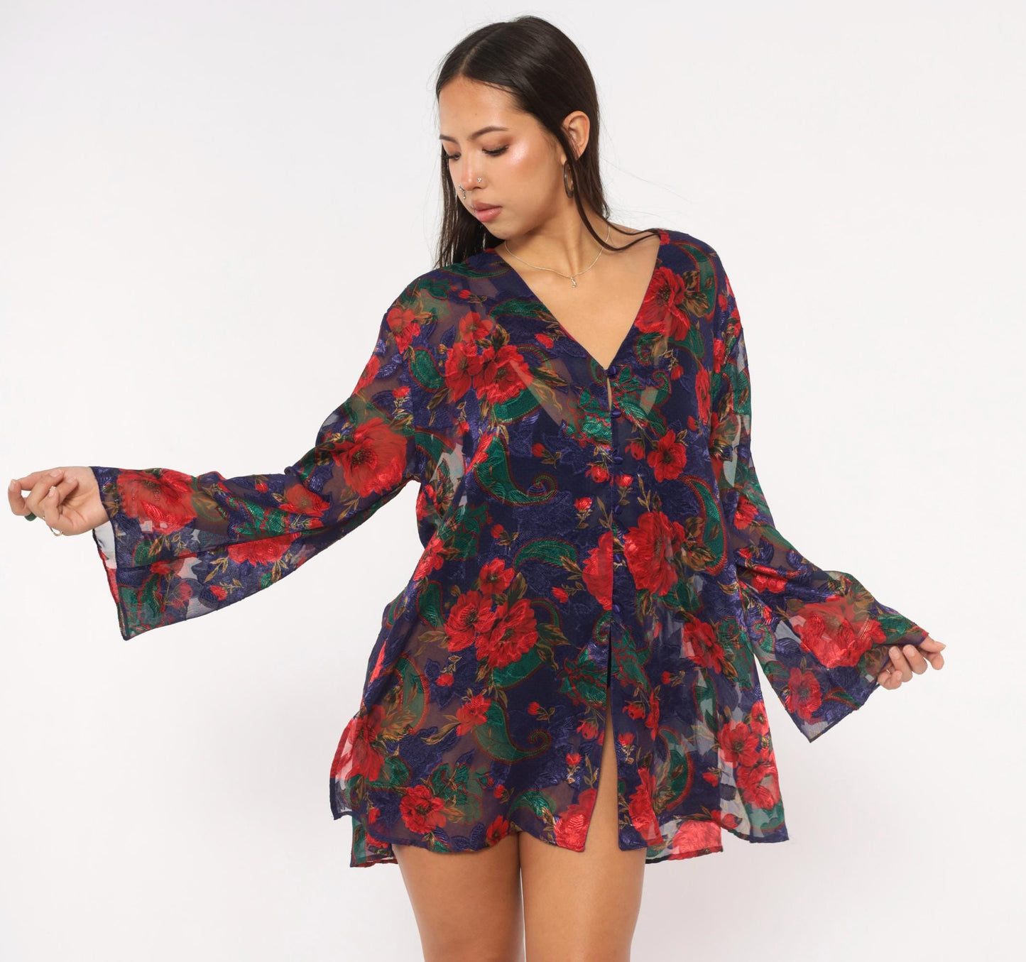 90s Victoria's Secret Sheer Robe Navy Red Floral Bell Sleeve Button Front Medium
