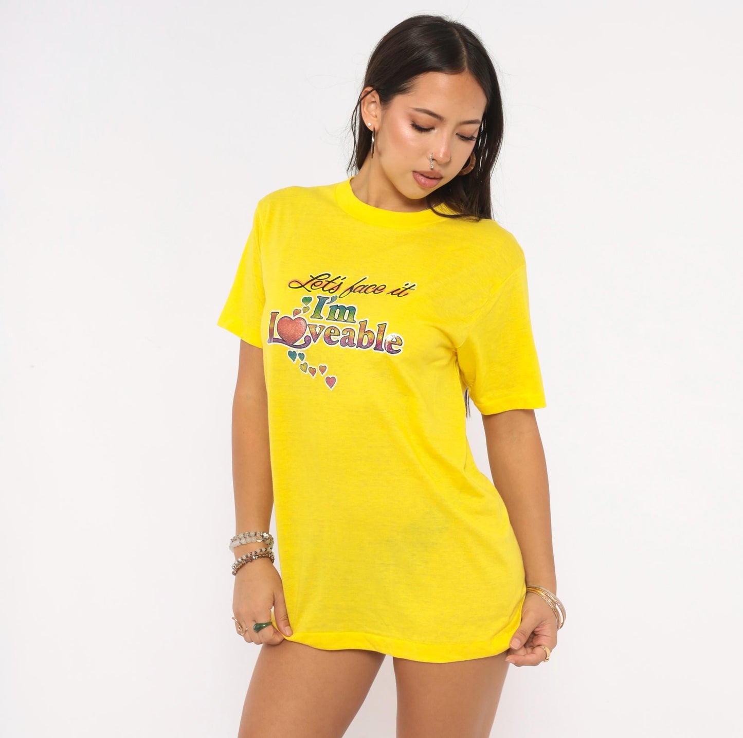 80s Ched "Let's Face It I'm Loveable" Heart Glitter Tee Yellow Graphic Slogan Large L