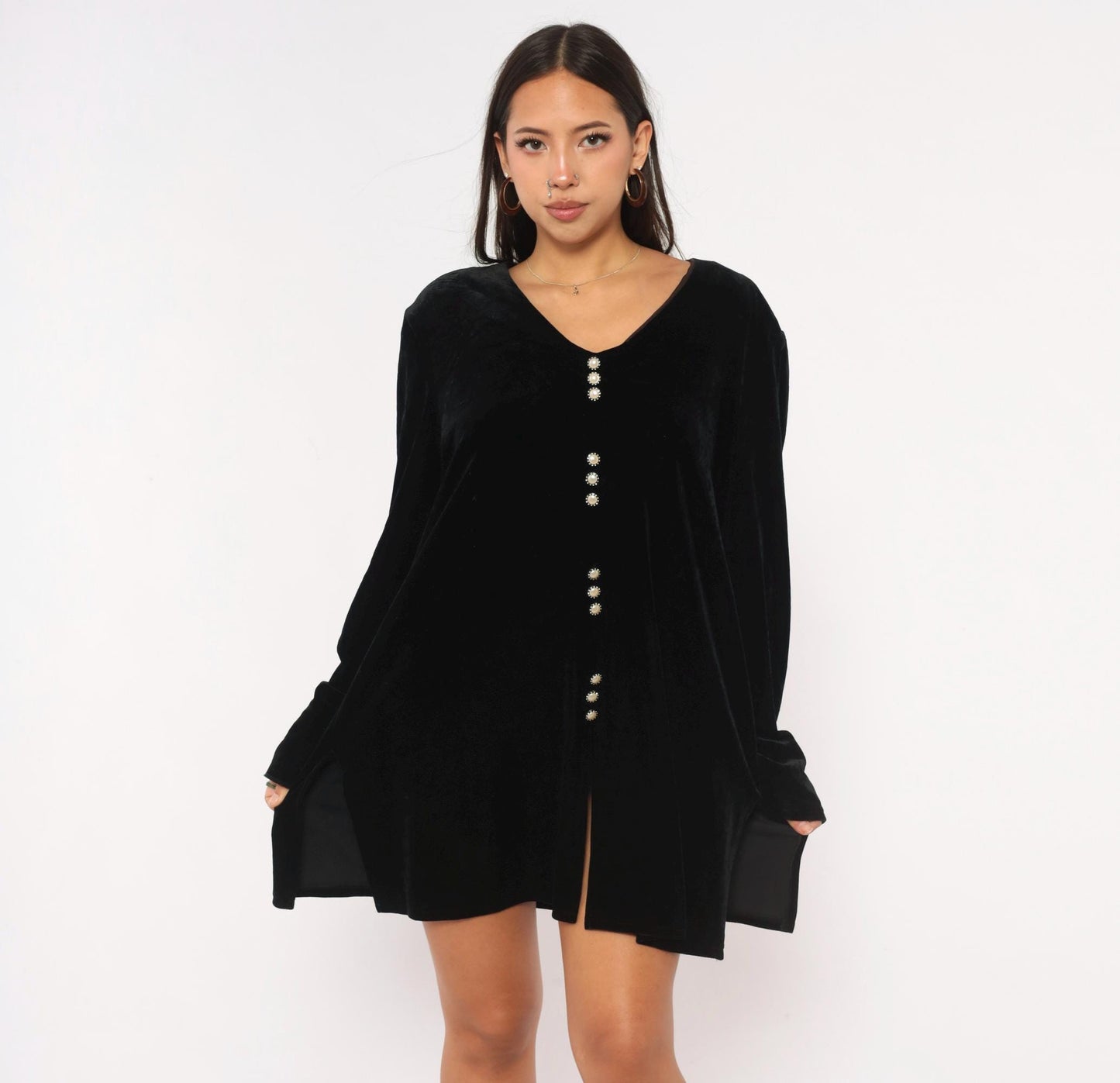 90s Another Thyme Black Velvet Mini Dress Pearl Buttons V-Neck Plus Size 1X