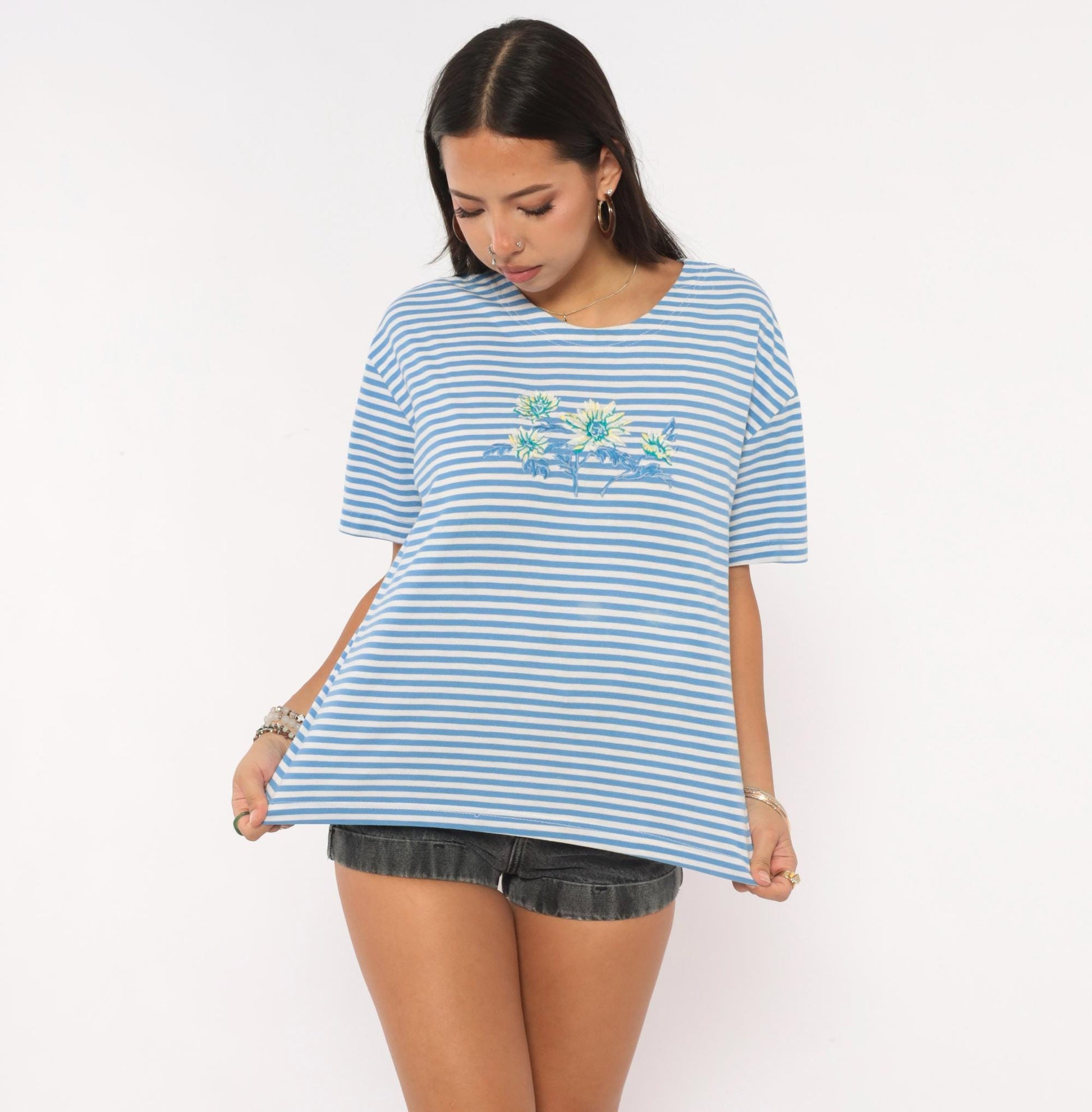 90s Shenanigans Blue White Striped Floral Embroidered Tee Large