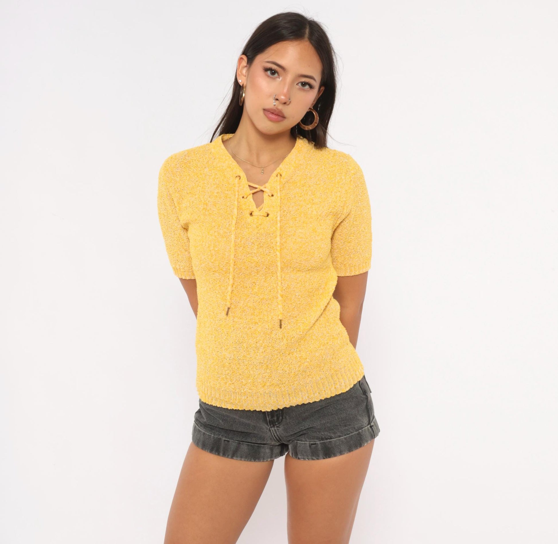 70s Sears Yellow Bouclé Knit Top Lace-Up V-Neck Short Sleeve Small Medium